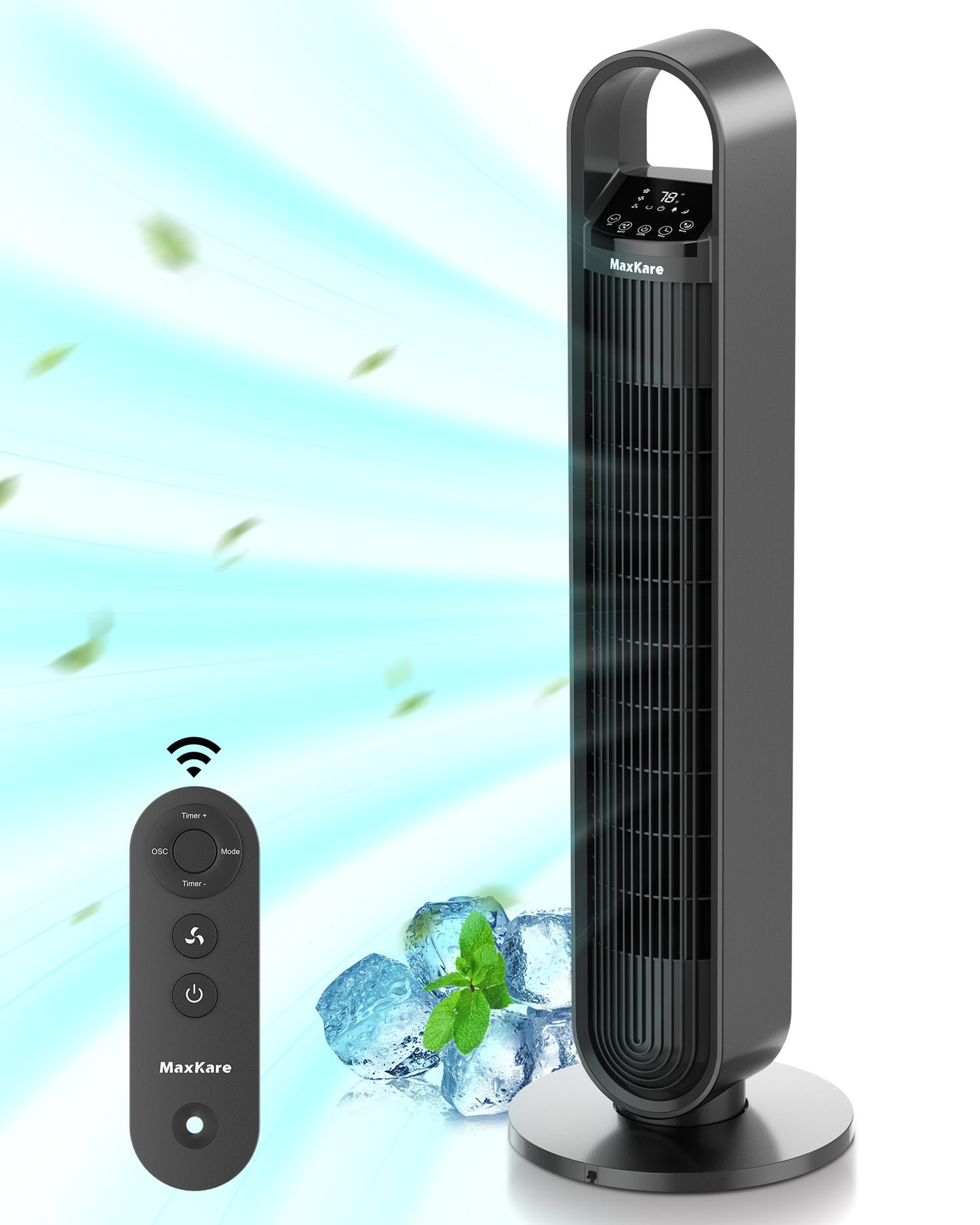 MaxKare 36in Tower Fan Quiet Cooling Fan with 75° Oscillation, Remote Control, 3 Speeds & 3 Modes & Timer - Metal Gray