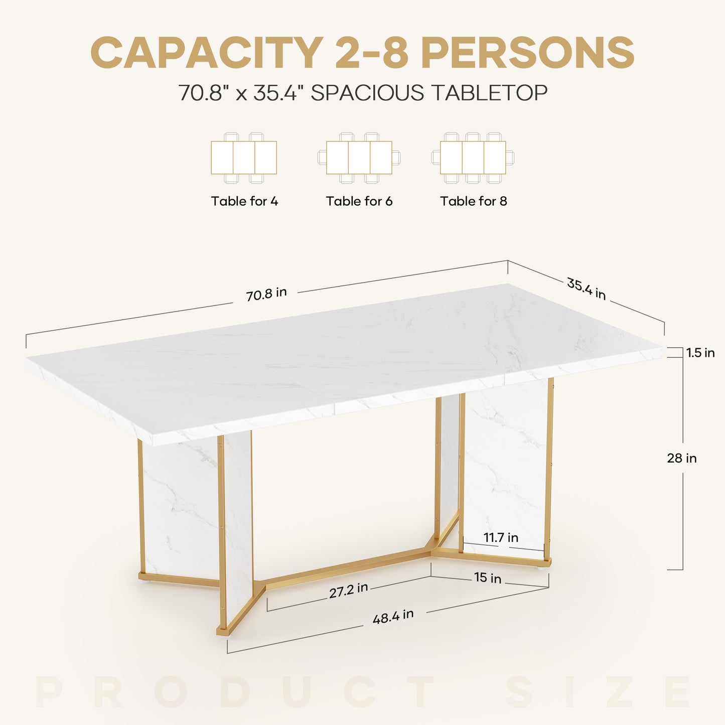 MARNUR 71" Modern Kitchen Rectangular Dining Table for 4-8 Person, Heavy Duty Metal Leg, Faux Marble Top (Only Table)