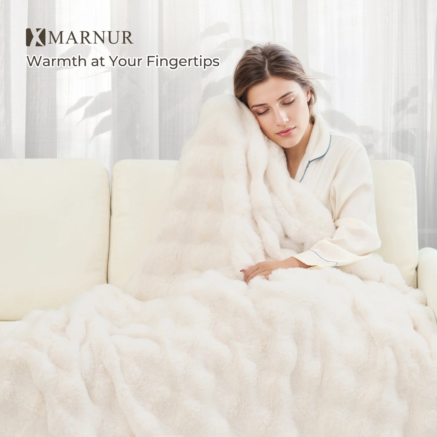 MARNUR 50"x60" Electric Blanket, Faux Fur Heated Blanket, 6 Heating Levels, 4-Hour Timer, White