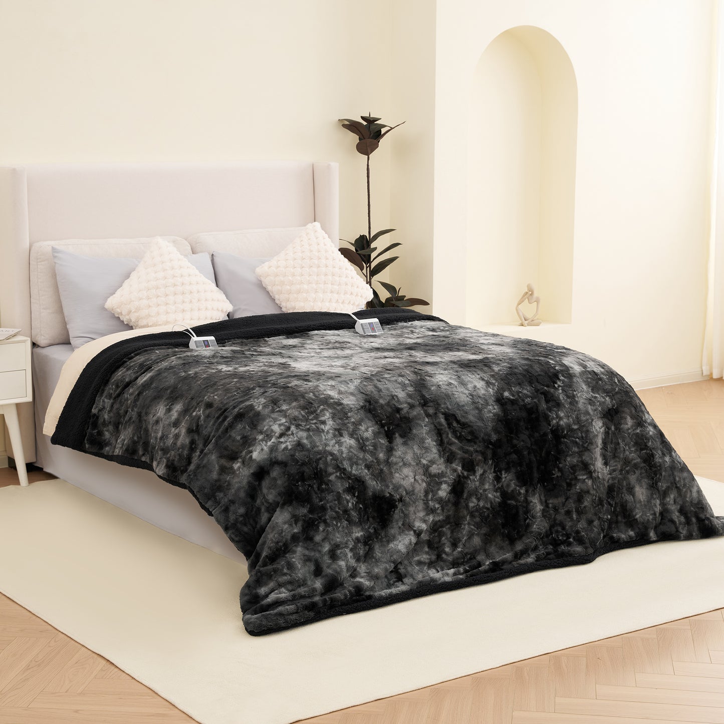 MARNUR Heated Blanket Queen Size, Faux Fur & Sherpa, Dual Controllers, 10 Heat Levels, 10H Timer, 84" x 90", Tie-Dye Black