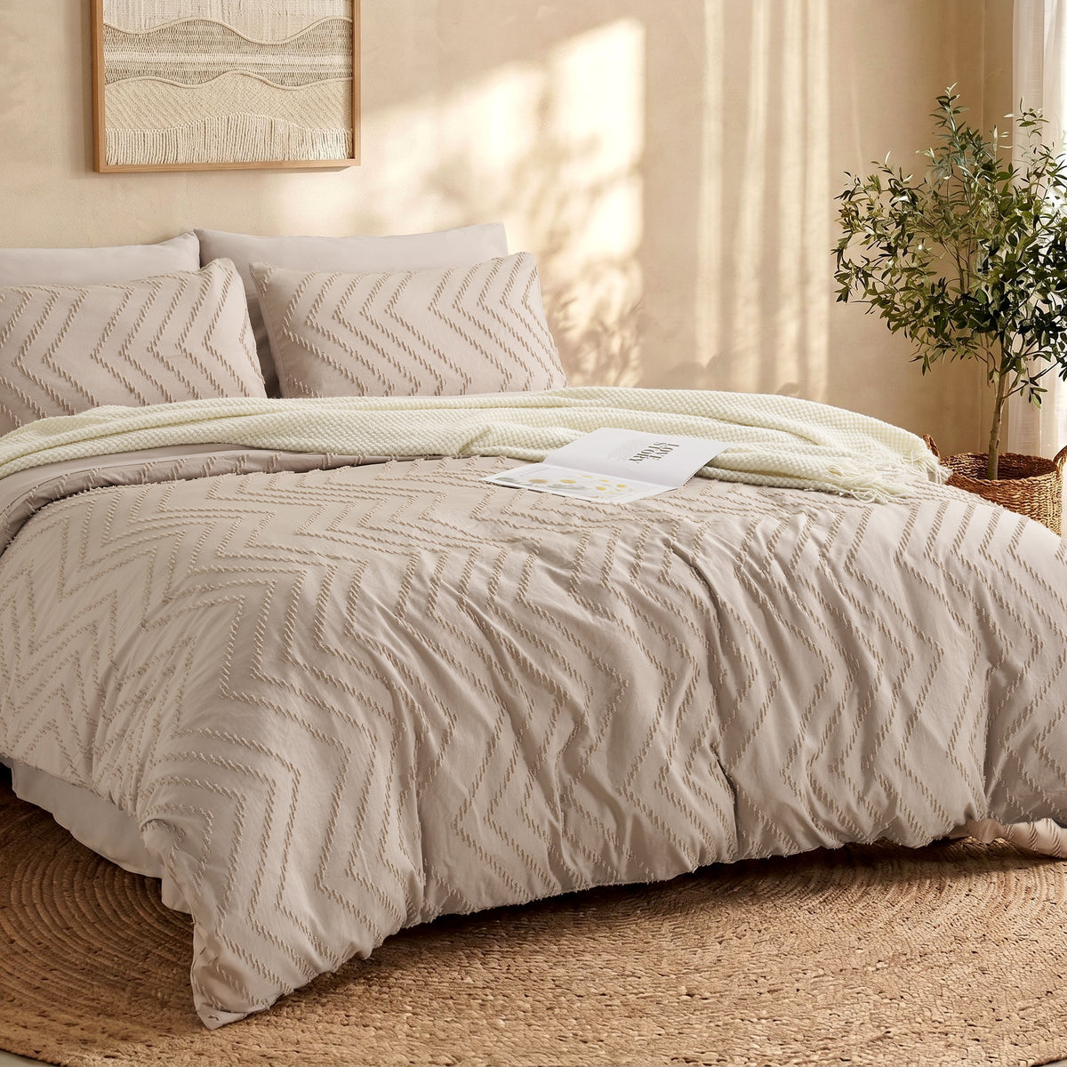 MARNUR Full Comforter Set, 7 Pieces Boho Tufted Bed in a Bag, All-Season Prewashed Soft Bedding Set with Comforter, Sheets, Pillowcases & Shams, Beige