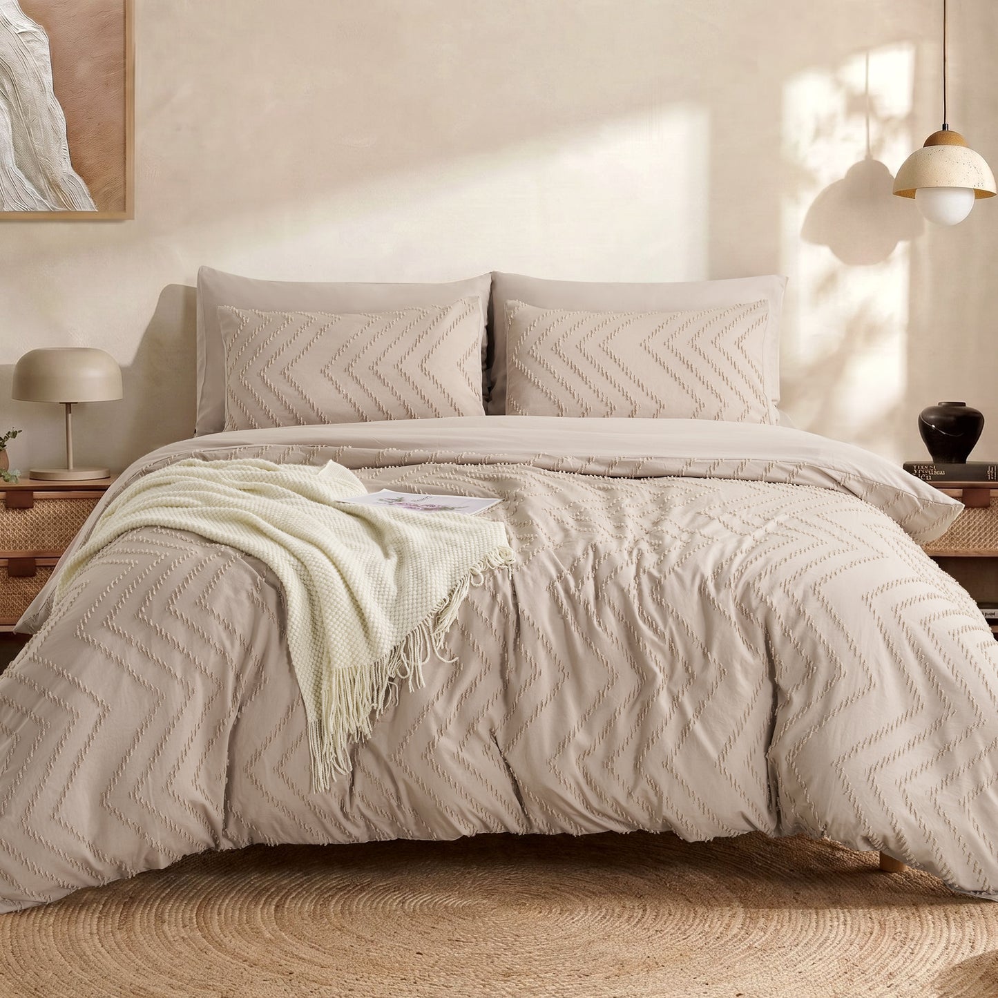 MARNUR King Comforter Set, 7 Pieces Boho Tufted Bed in a Bag, All-Season Prewashed Soft Bedding Set with Comforter, Sheets, Pillowcases & Shams, Beige