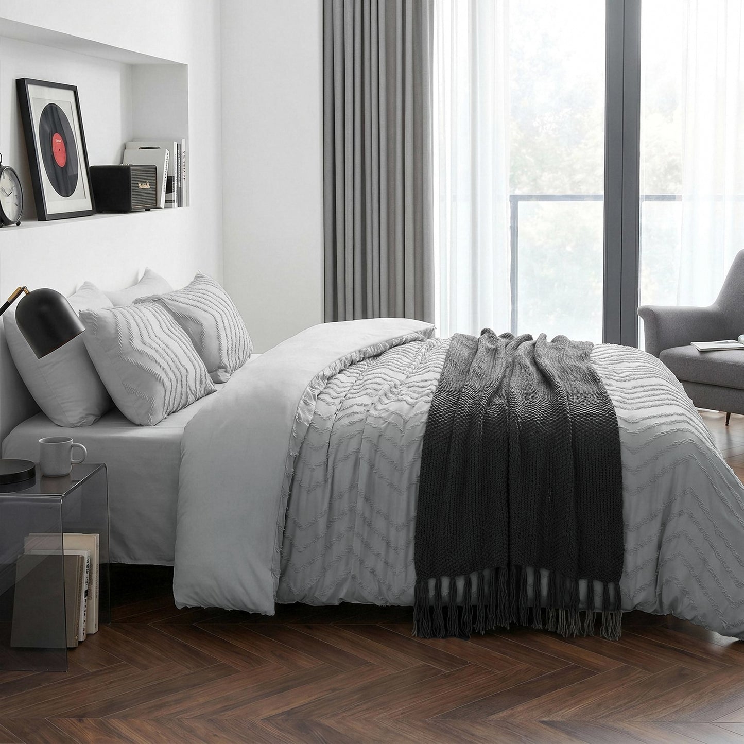 MARNUR Twin XL Comforter Set, 7 Pieces Boho Tufted Bed in a Bag, All-Season Prewashed Soft Bedding Set with Comforter, Sheets, Pillowcases & Shams, Silver Grey