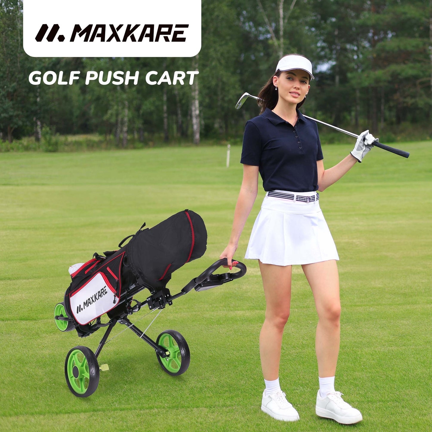 MaxKare Folding 3 Wheels Golf Pull Push Cart with Scoreboard Adjustable Handle, Green
