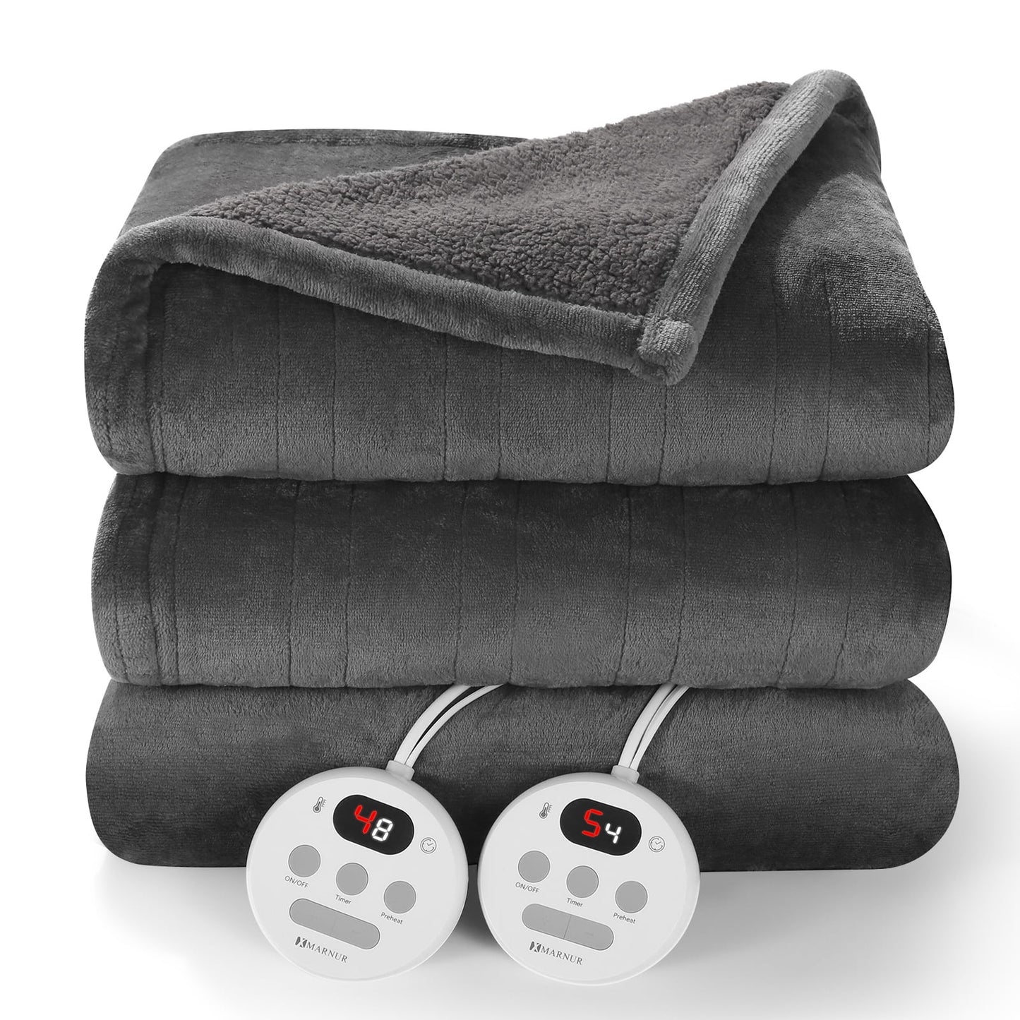 MARNUR Electric Heated Blanket Queen Size 84''x90'', Fast Heating with Dual Controllers, 10 Heating Levels, 10H Timers, Preheat Function - Gray