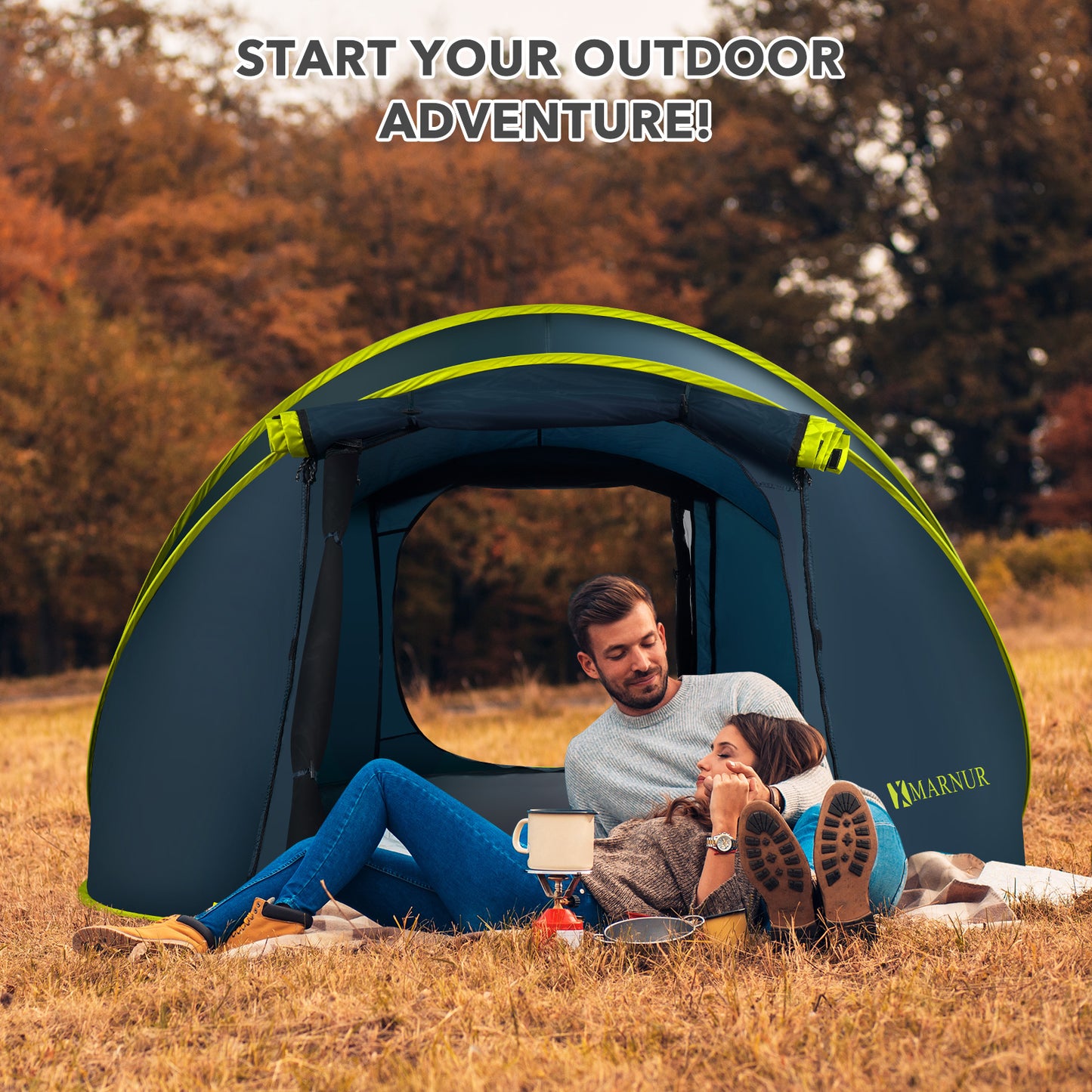 MARNUR Instant Tent 4-Person Camp Tent, Auto Setup Pop Up Tent, Waterproof, Huge Door & Windows, Dark Blue