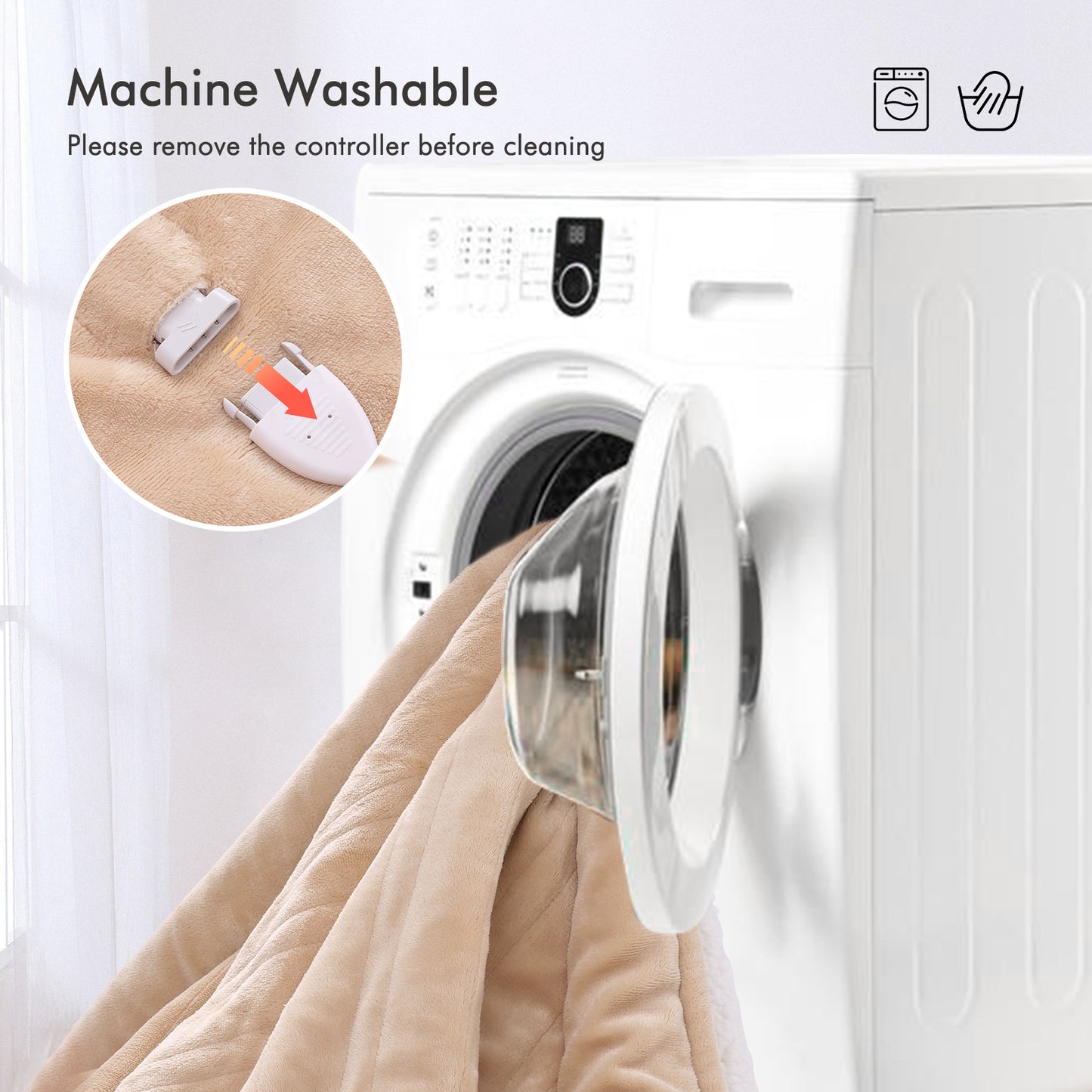 MARNUR Electric Heated Blanket Queen Size 84"x90", Fast Heating with 2 Separate Controllers, 6 Heating Levels, 8H Auto-off, Machine Washable - Beige
