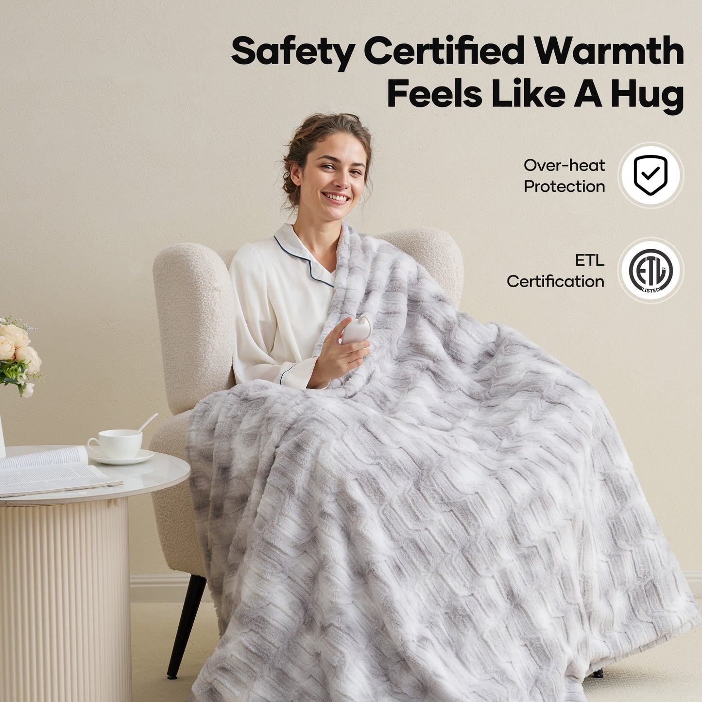 MARNUR Electric Blanket Heated Throw Extra Large Size 50"x72", Soft Faux Fur Heated Blanket with 10 Heating Levels, 4 Hours Timer, ETL Certification, Gray