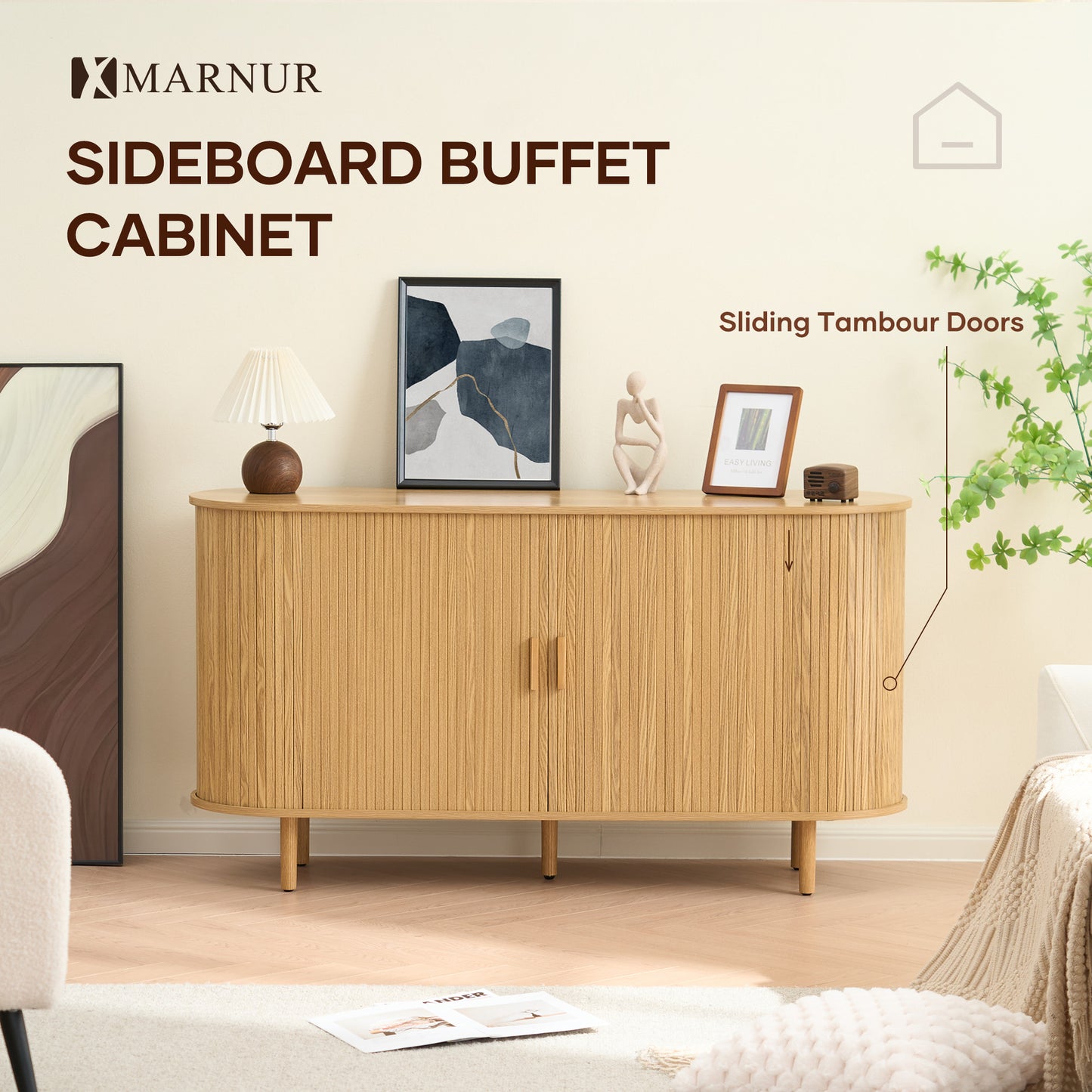 MARNUR TV Stand for TVs up to 60" with 2 Sliding Tambour Doors, Storage and Shelves, Oak