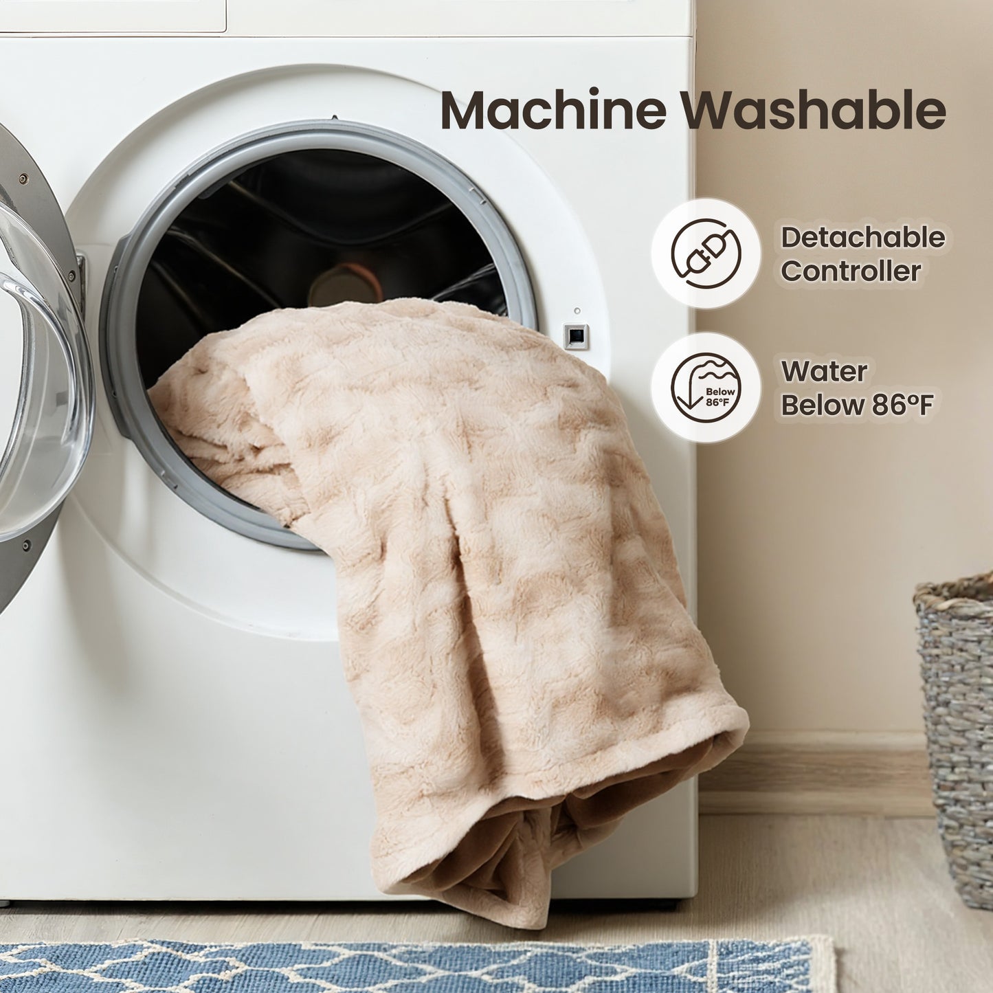 MARNUR Heated Blanket Queen,84"x90" Faux Fur Electric Blanket, Fast Heating with Dual Controllers,10 Heating Levels, 10 Hours Timer, Khaki