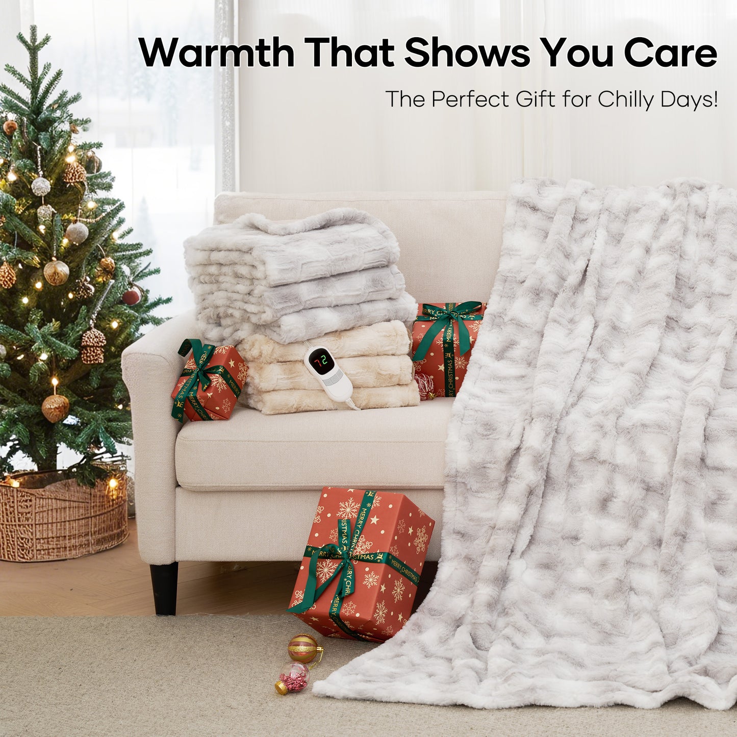 MARNUR Heated Blanket Queen,84"x90" Faux Fur Electric Blanket, Fast Heating with Dual Controllers,10 Heating Levels, 10 Hours Timer, Gray