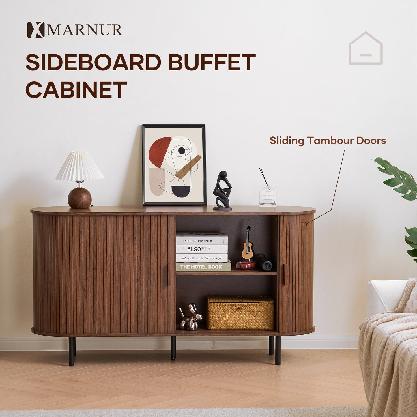 MARNUR TV Stand for TVs up to 60" with 2 Sliding Tambour Doors, Storage and Shelves, Walnut