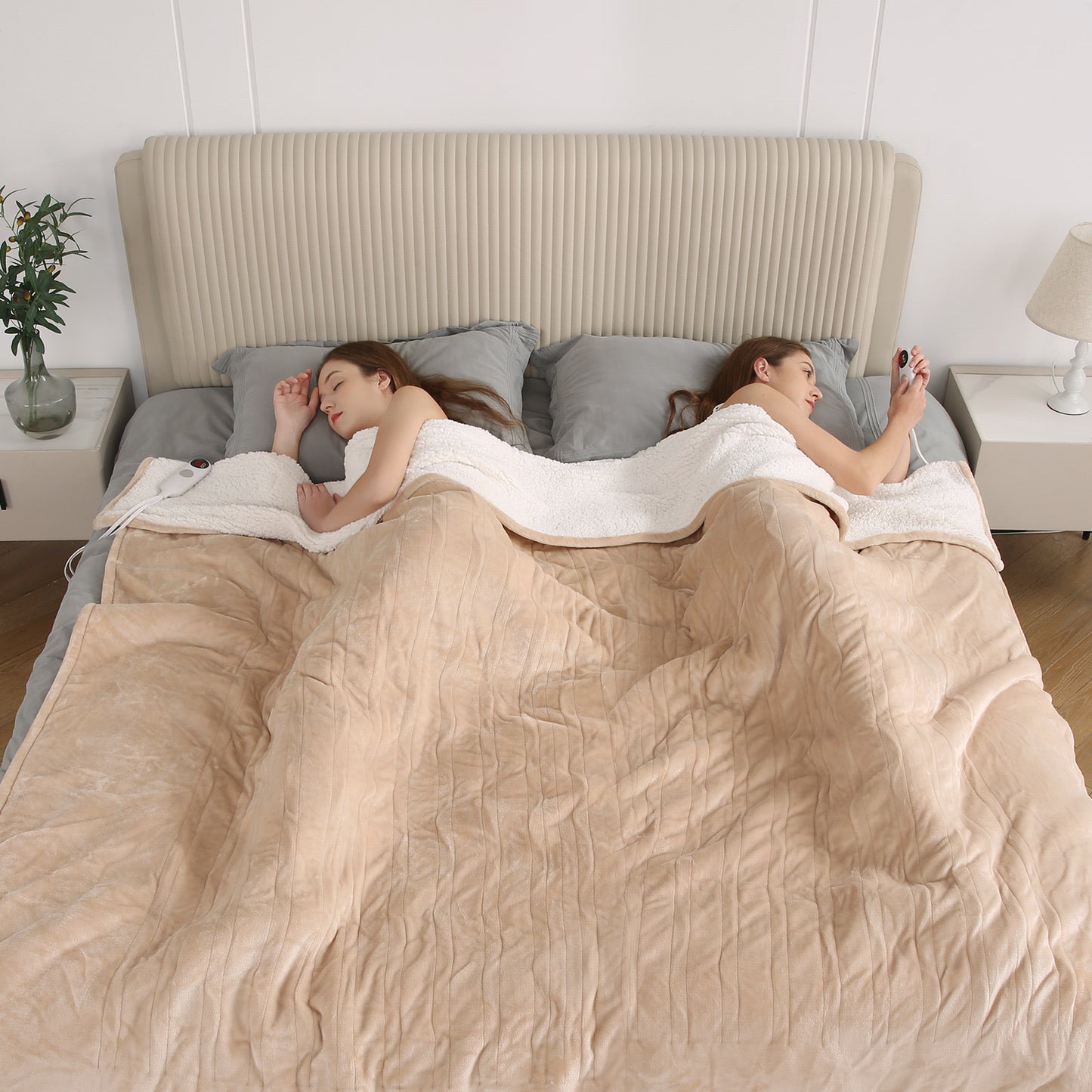 MARNUR Electric Heated Blanket Queen Size 84"x90", Fast Heating with 2 Separate Controllers, 6 Heating Levels, 8H Auto-off, Machine Washable - Beige