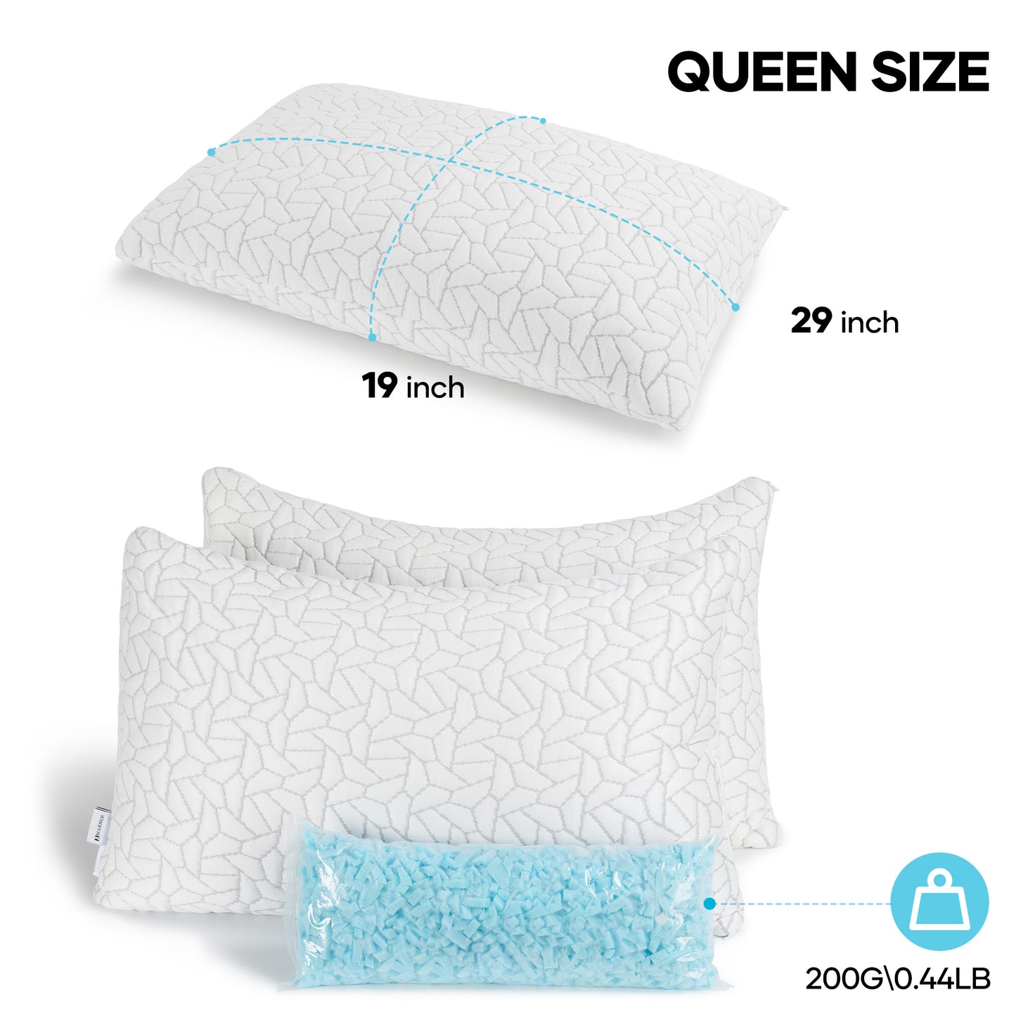 MARNUR Memory Foam Pillows for bed Queen Size, Height Adjustable Cooling Pillows for All Sleepers with Extra Shredded Foam, Dual-Sided Pillow Cover,2-Pack