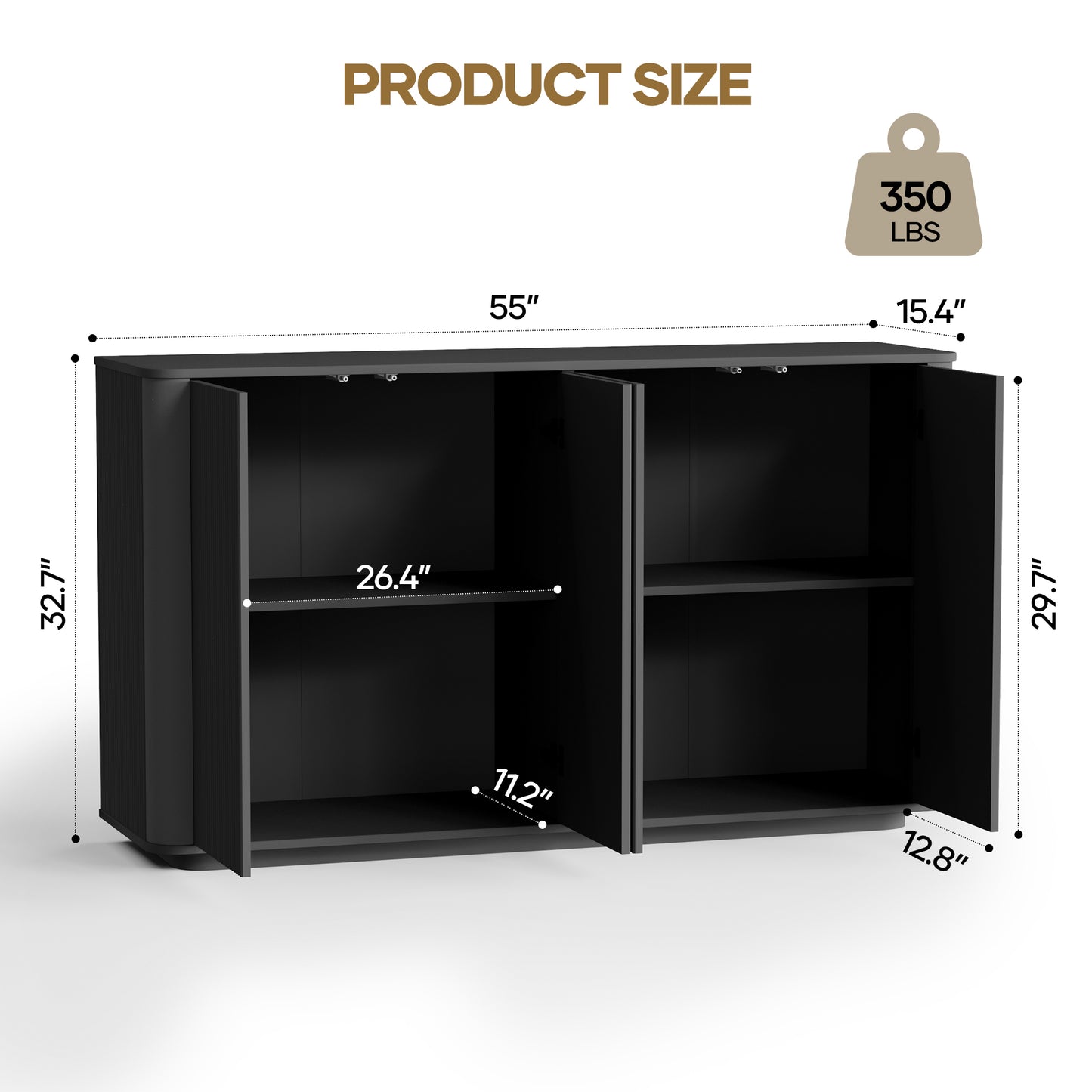 MARNUR Sideboard Buffet Cabinet, Storage Cabinet 55"W with Adjustable Shelves, Anti-Tip, Easy Clean Top, Stylish Wave Style, Black