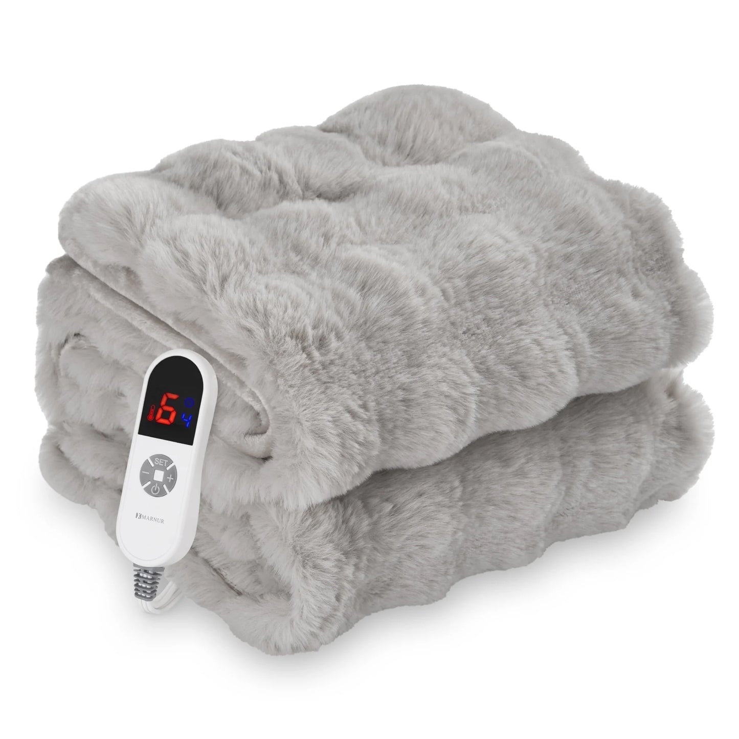 MARNUR 50"x60" Electric Blanket, Faux Fur Heated Blanket, 6 Heating Levels, 4-Hour Timer, Grey
