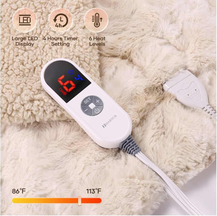 MARNUR Electric Blanket 72" x 84", Soft Faux Fur Heated Blanket, 6 Heating Levels, 10Hours Timer, Machine Washable - Tie-Dye Off White