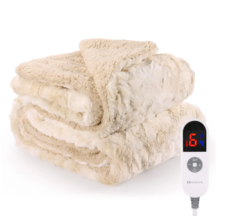 MARNUR Electric Blanket 72" x 84", Soft Faux Fur Heated Blanket, 6 Heating Levels, 10Hours Timer, Machine Washable - Tie-Dye Off White