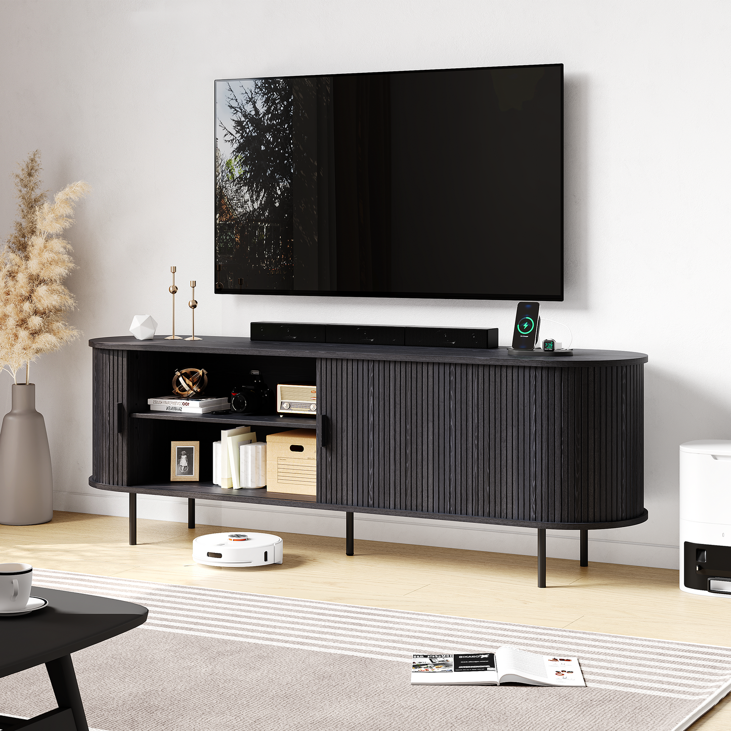 MARNUR 63" TV Stand for 70" TV, Wood Entertainment Center with Storage and Shelves, 2 Sliding Tambour Doors, Mid-Century Modern, Black