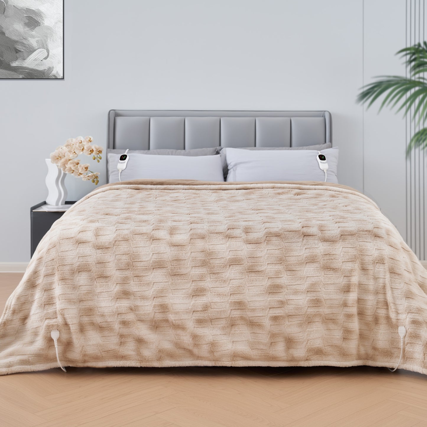 MARNUR Heated Blanket Electric Blankets King 90"x100", Faux Fur, Fast Heating with Dual Controllers,10 Heating Levels, 10 Hours Timer, Khaki