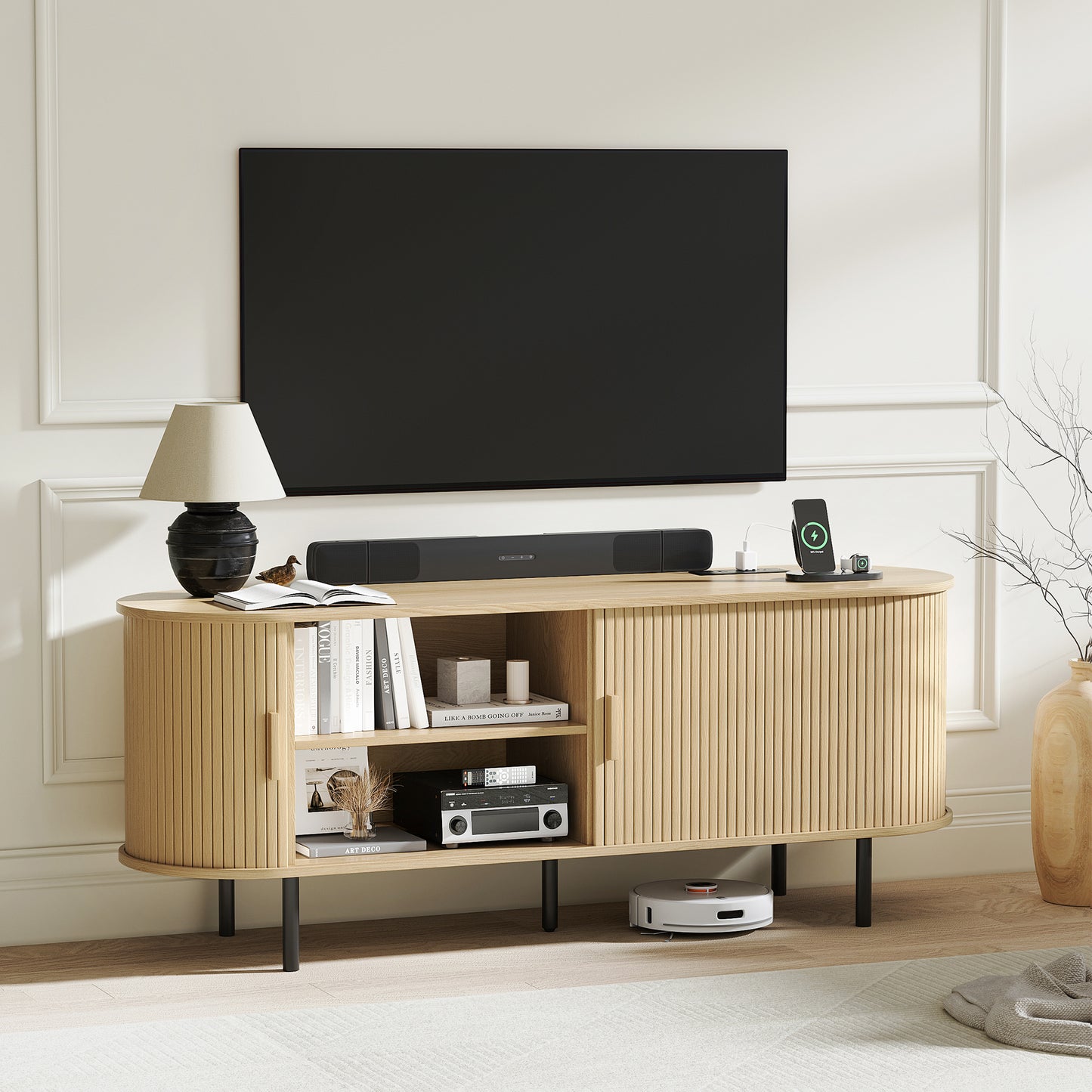 MARNUR 55" TV Stand for 60" TV, Wood Entertainment Center with Storage and Shelves, 2 Sliding Tambour Doors, Mid-Century Modern, Oak