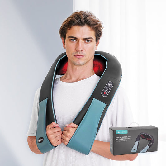 MARNUR Neck and Shoulder Massager with Heat, 3D Deep Tissue Kneading Shiatsu Massager, Blue