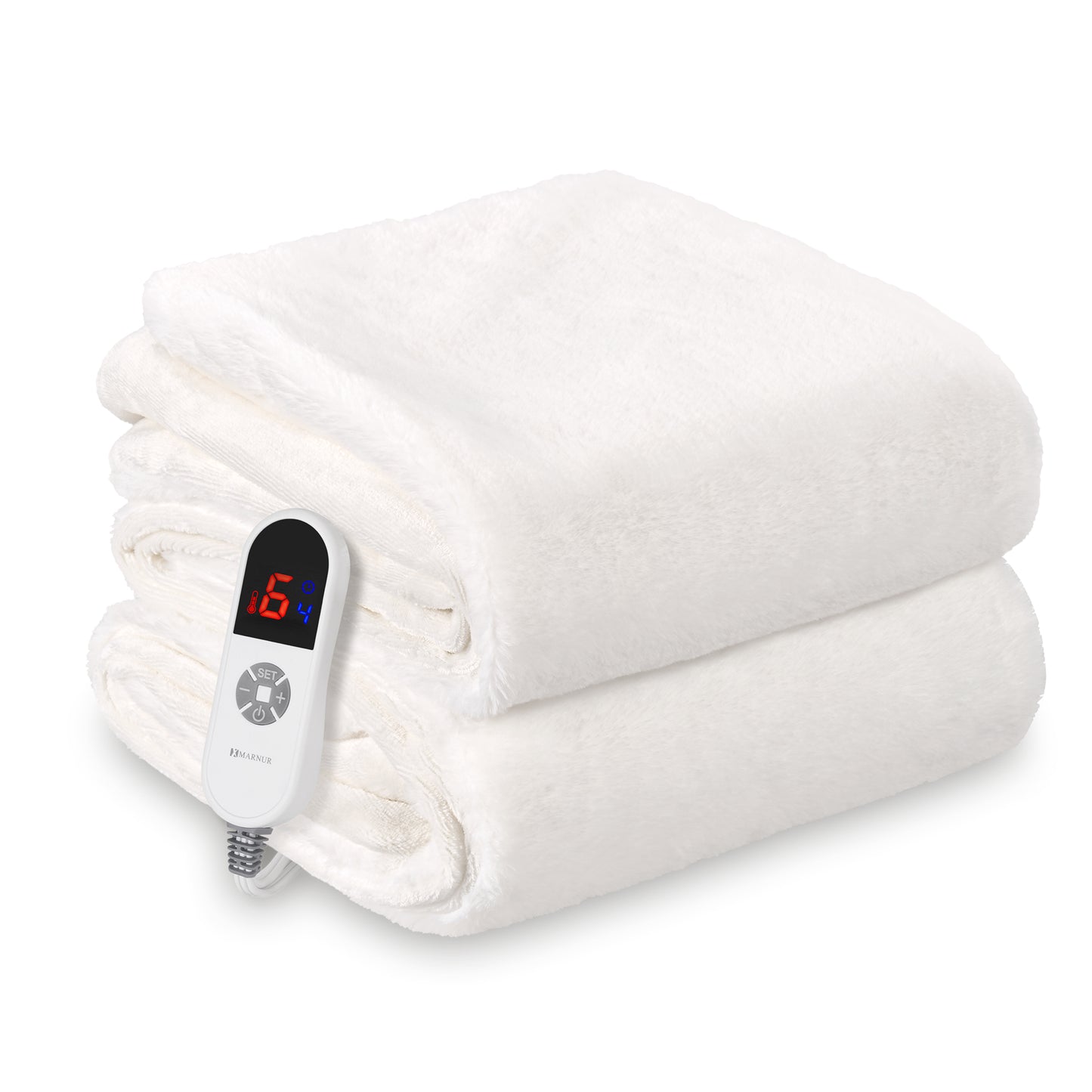 MARNUR Electric Throw Blanket 50"x60", Soft Faux Fur, 6 Heating Levels, 4 Hours Timer, White