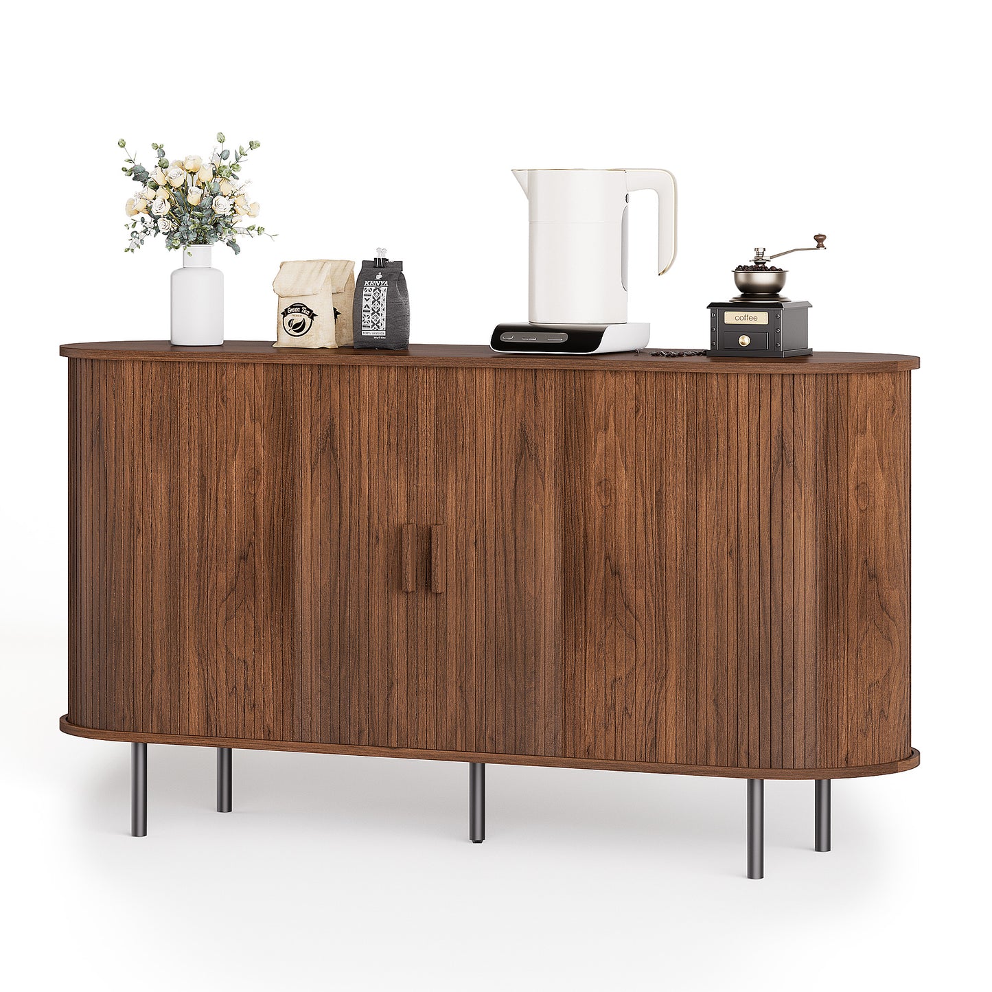 MARNUR TV Stand for TVs up to 60" with 2 Sliding Tambour Doors, Storage and Shelves, Walnut