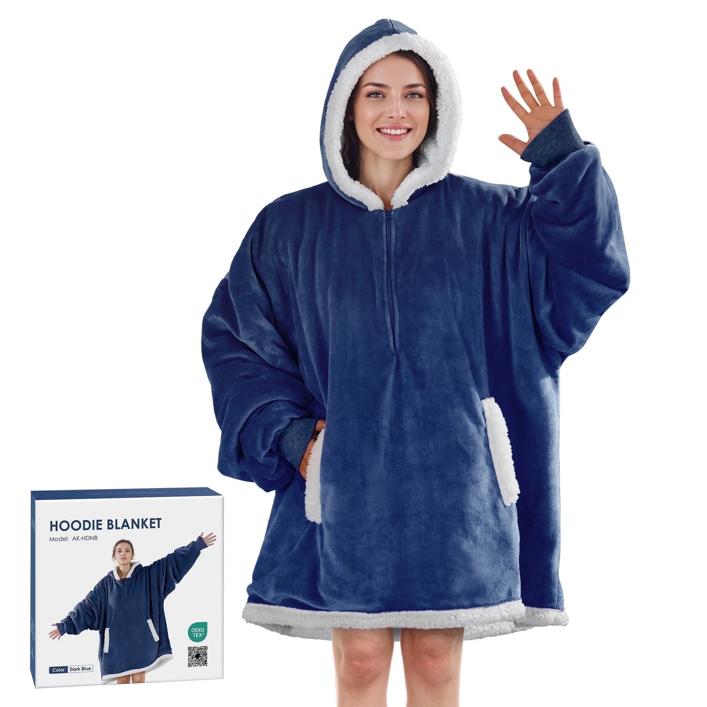 MARNUR Wearable Blanket Hoodie for Men, Women, Flannel and Shu Velvet - Dark Blue