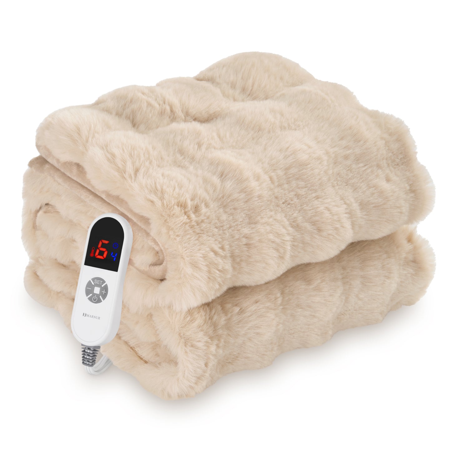 MARNUR Electric Throw Blanket 50"x60", Faux Fur Heated Throw, 6 Heating Levels, 4 Hours Timer, Khaki