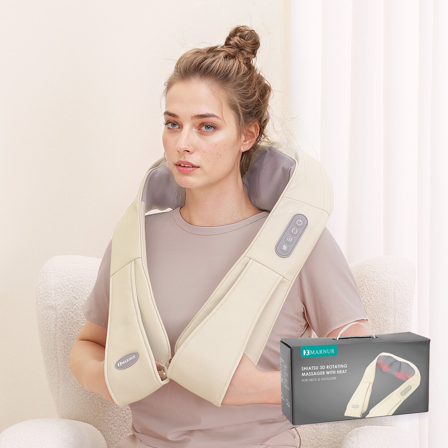 MARNUR Neck and Shoulder Massager, 3D Deep Tissue Kneading Shiatsu Massager with Heat, Beige