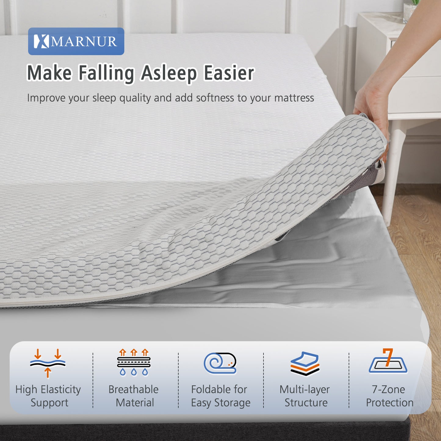 MARNUR 3 Inch Gel Memory Foam Mattress Topper 7-Zone Ventilated Soft Mattress Pad, Bed Topper with Removable Cover, CertiPUR-US Certified, Full Size