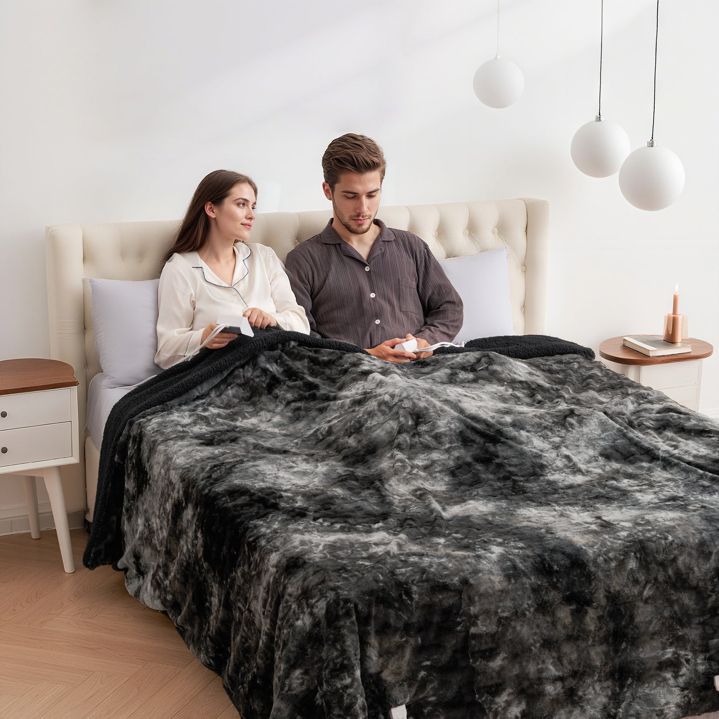 MARNUR Heated Blanket Queen Size, Faux Fur & Sherpa, Dual Controllers, 10 Heat Levels, 10H Timer, 84" x 90", Tie-Dye Black