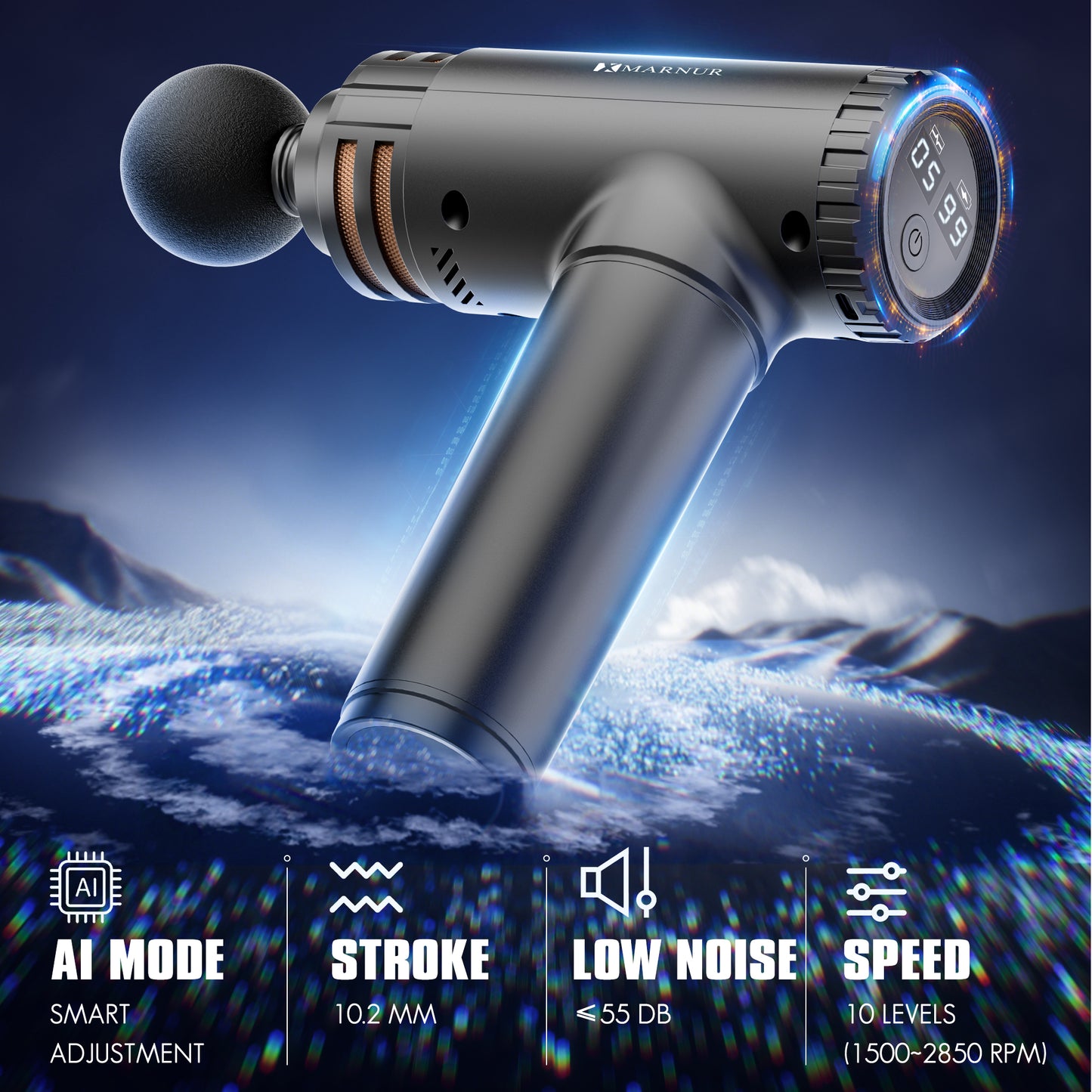 MARNUR Massage Gun Deep Tissue Percussion , 10 Speeds, 4 Heads, Quiet Muscle Massager with AI Smart Mode, 6H Battery, for Athletes & Home Use