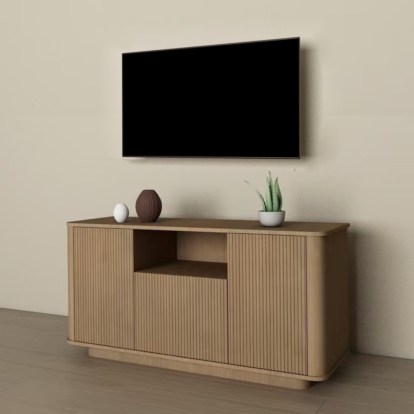MARNUR Fluted TV Stand for 60" TV, Wood Entertainment Center for Living Room, Mid-Century