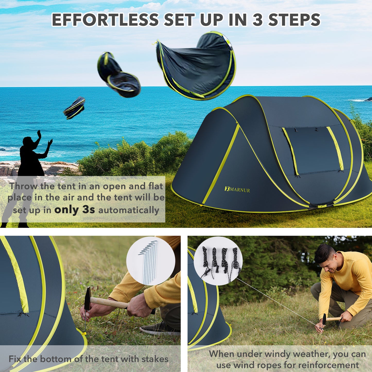 MARNUR Instant Tent 4-Person Camp Tent, Auto Setup Pop Up Tent, Waterproof, Huge Door & Windows, Dark Blue