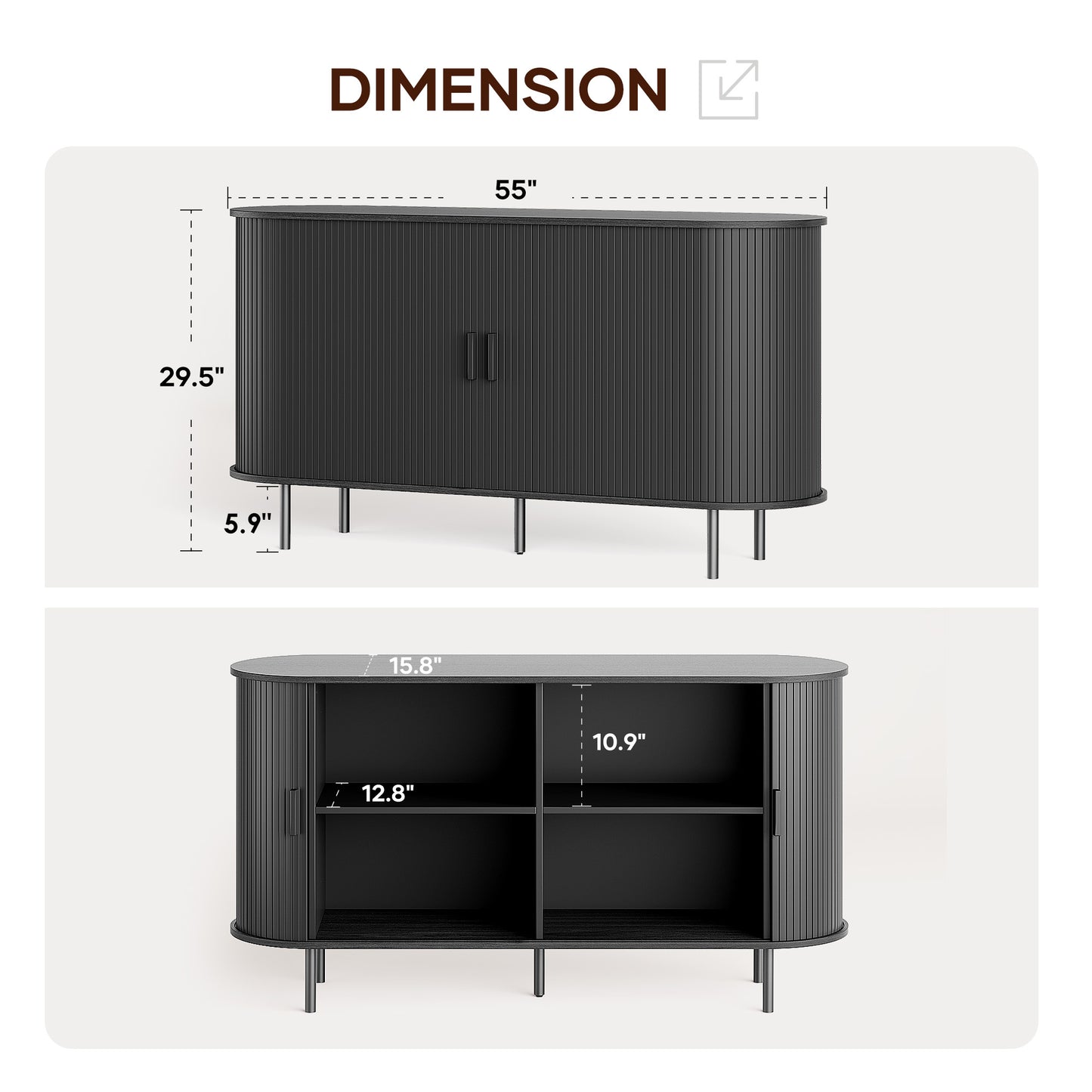 MARNUR TV Stand for TVs up to 60" with 2 Sliding Tambour Doors, Storage and Shelves, Black