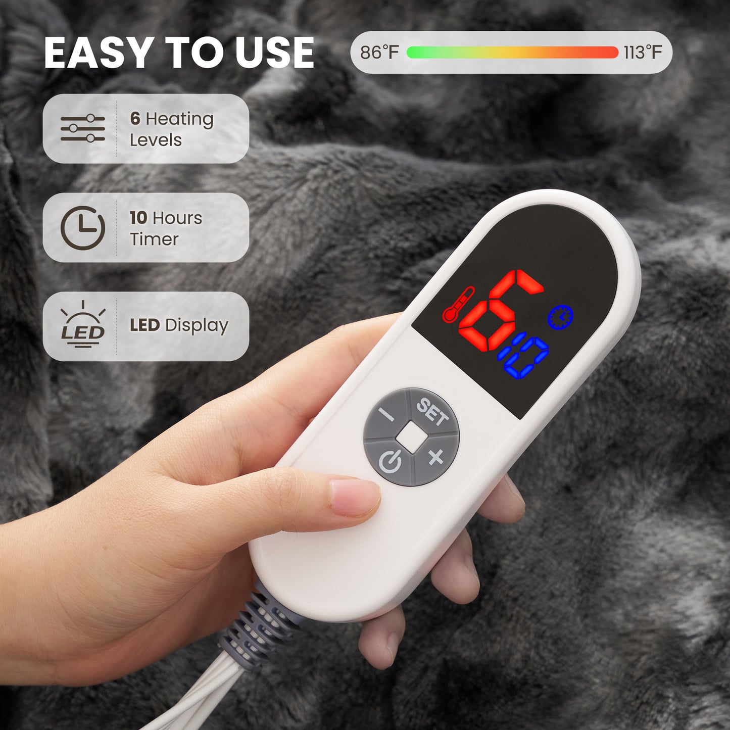 MARNUR Heated Blanket 72"x84" Faux Fur & Sherpa Electric Blanket with 6 Heat Levels, 10H Timer, LED Display, Machine Washable, Tie-Dye Black