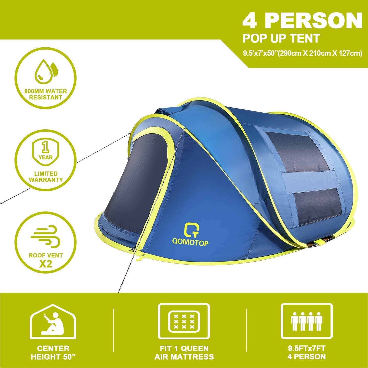 Load image into Gallery viewer, Instant Tent 4-Person Camp Tent, Automatic Setup Pop Up Tent, Waterproof, Huge Side Screen Windows, Blue