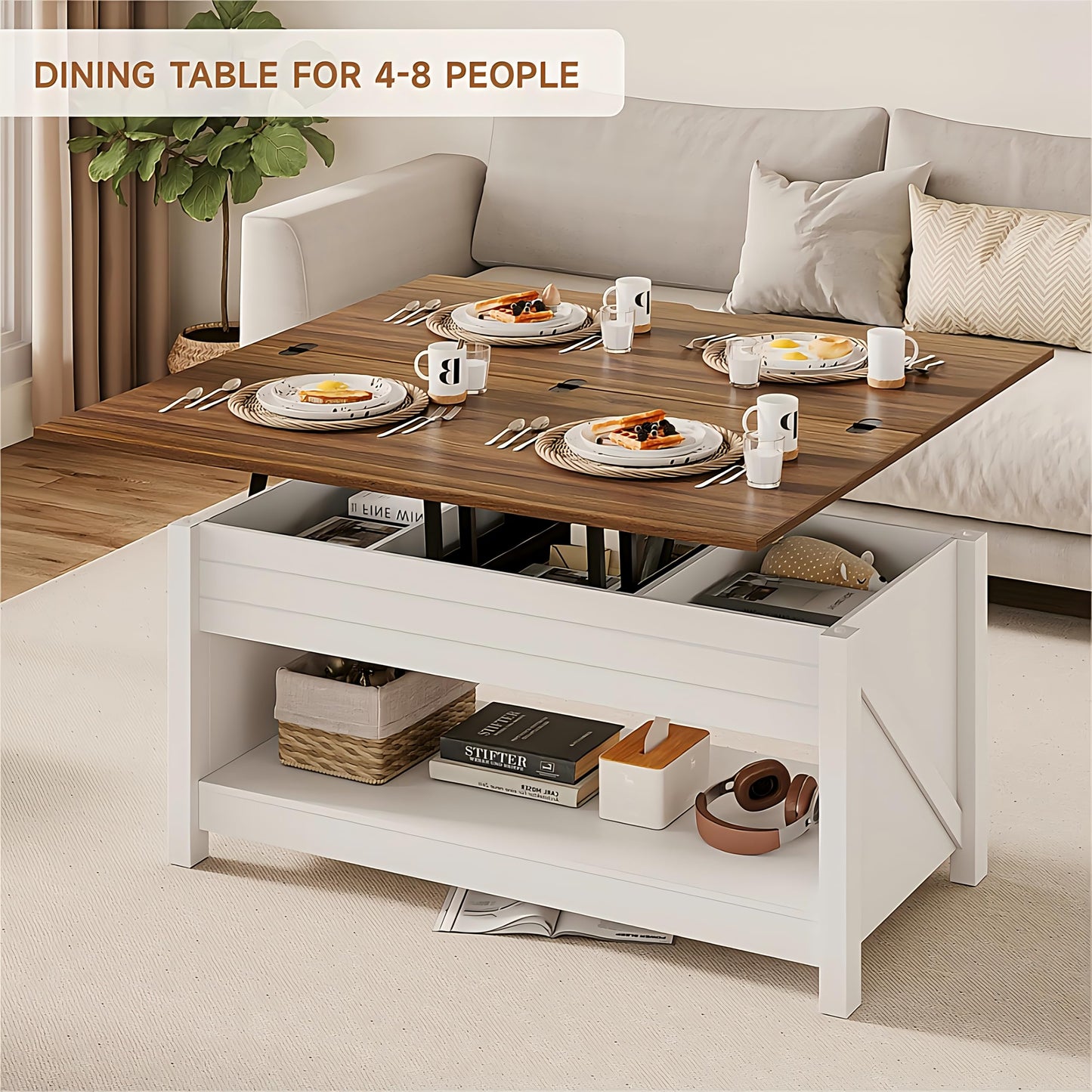 MARNUR Lift Top Coffee Table with Storage, Farmhouse Center Table for Living Room, Rectangle