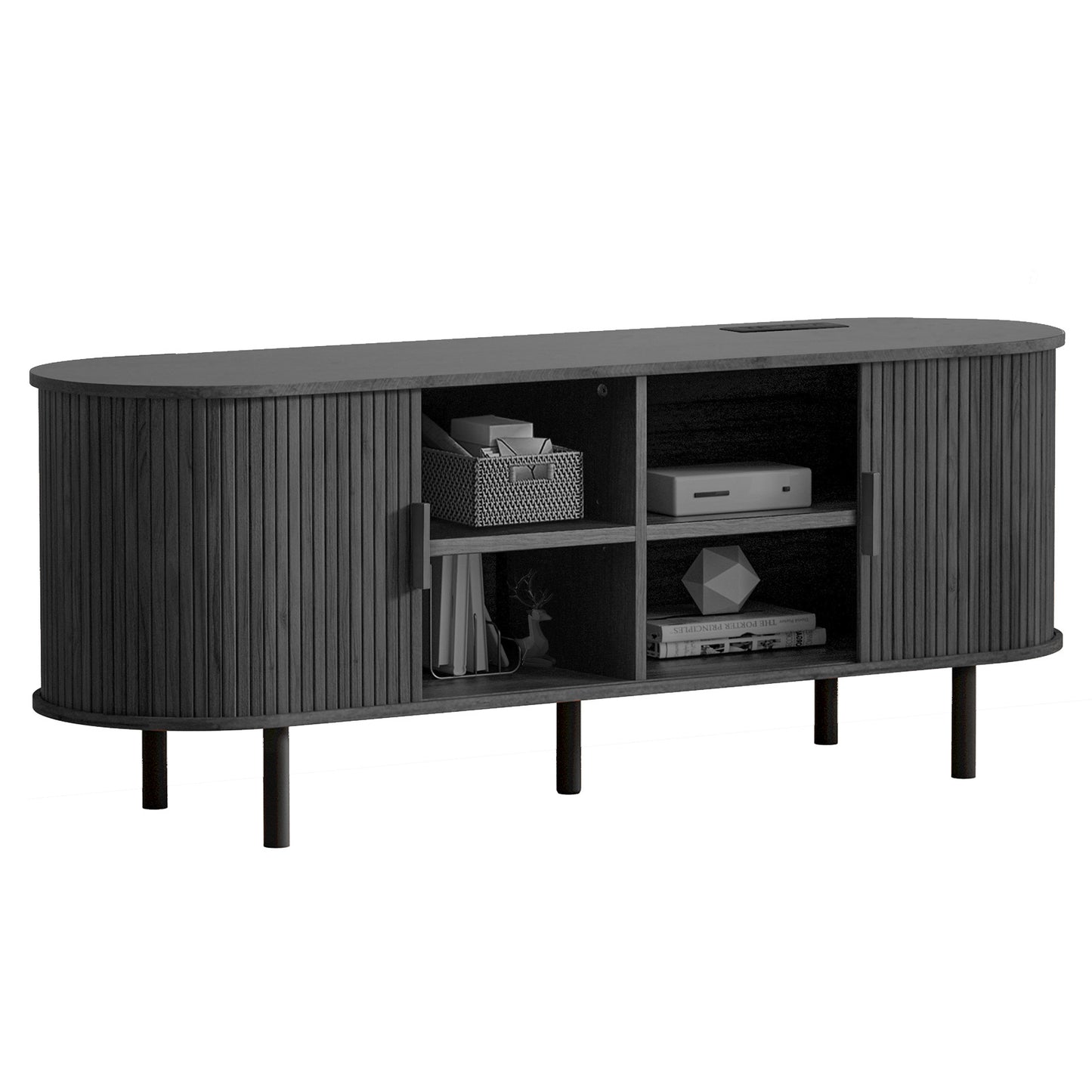 MARNUR 63" TV Stand for 70" TV, Wood Entertainment Center with Storage and Shelves, 2 Sliding Tambour Doors, Mid-Century Modern, Black