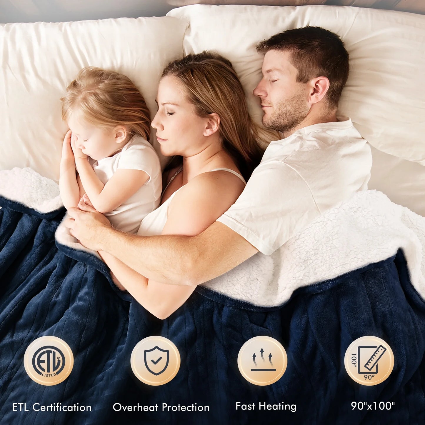 MARNUR Electric Heated Blanket King Size 90''x100'', Fast Heating with Dual Controllers, 10 Heating Levels, 10H Timers, Preheat Function Machine Washable - Dark Blue