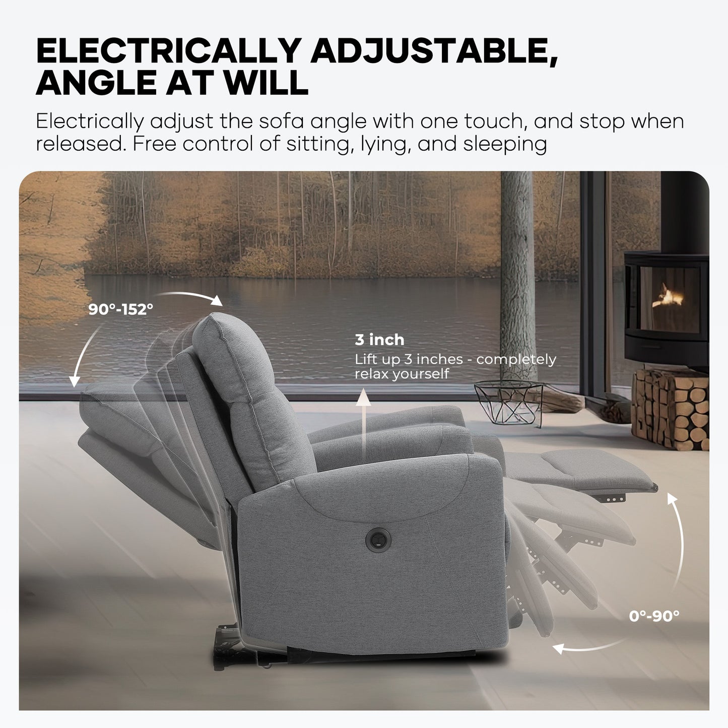 MARNUR Electric Recliner Chair with USB Charge Port, Weight Capacity 360lb, One Button Free Control Angle, Gray