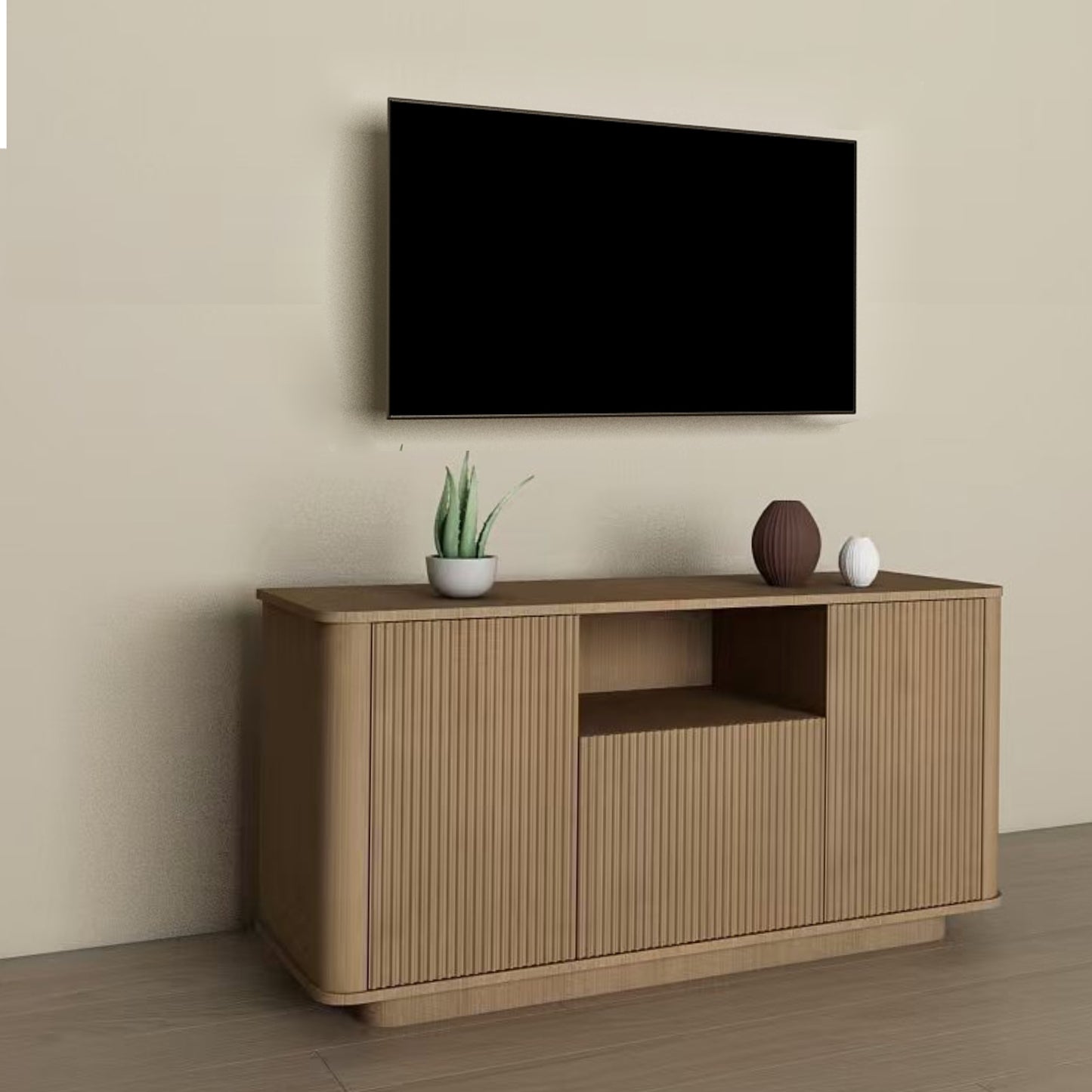 MARNUR Fluted TV Stand for 60" TV, Wood Entertainment Center for Living Room, Mid-Century