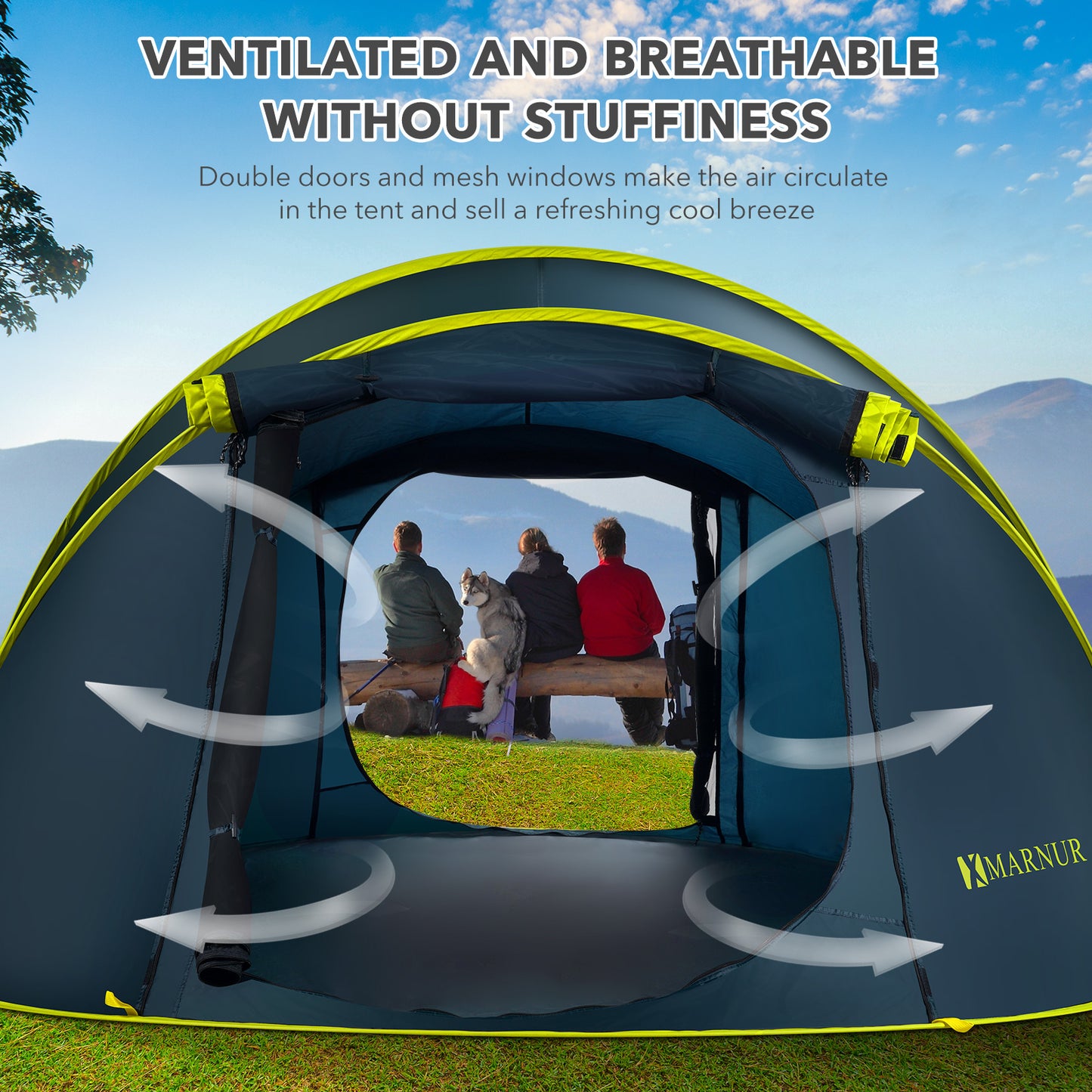 MARNUR Instant Tent 4-Person Camp Tent, Auto Setup Pop Up Tent, Waterproof, Huge Door & Windows, Dark Blue