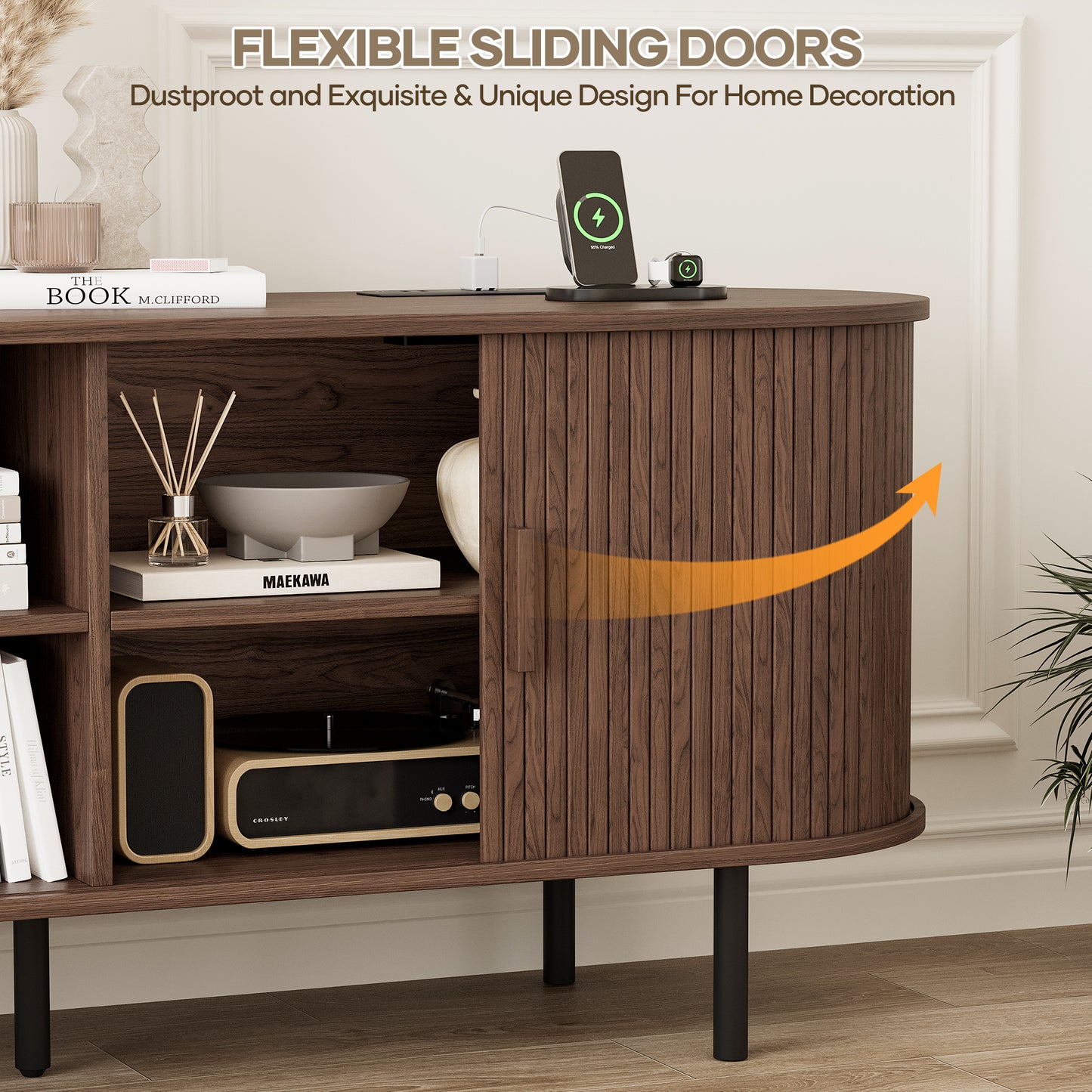 MARNUR 55" TV Stand for 60" TV, Wood Entertainment Center with Storage and Shelves, 2 Sliding Tambour Doors, Mid-Century Modern
