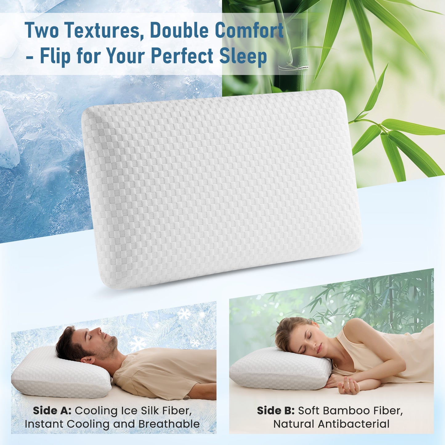 MARNUR Cooling Memory Foam Pillow for Bed, Adjustable High-Support Layer, Dual-Sided Pillowcase, Checkered Pattern, 27.5" x 15.7"-2 Pack