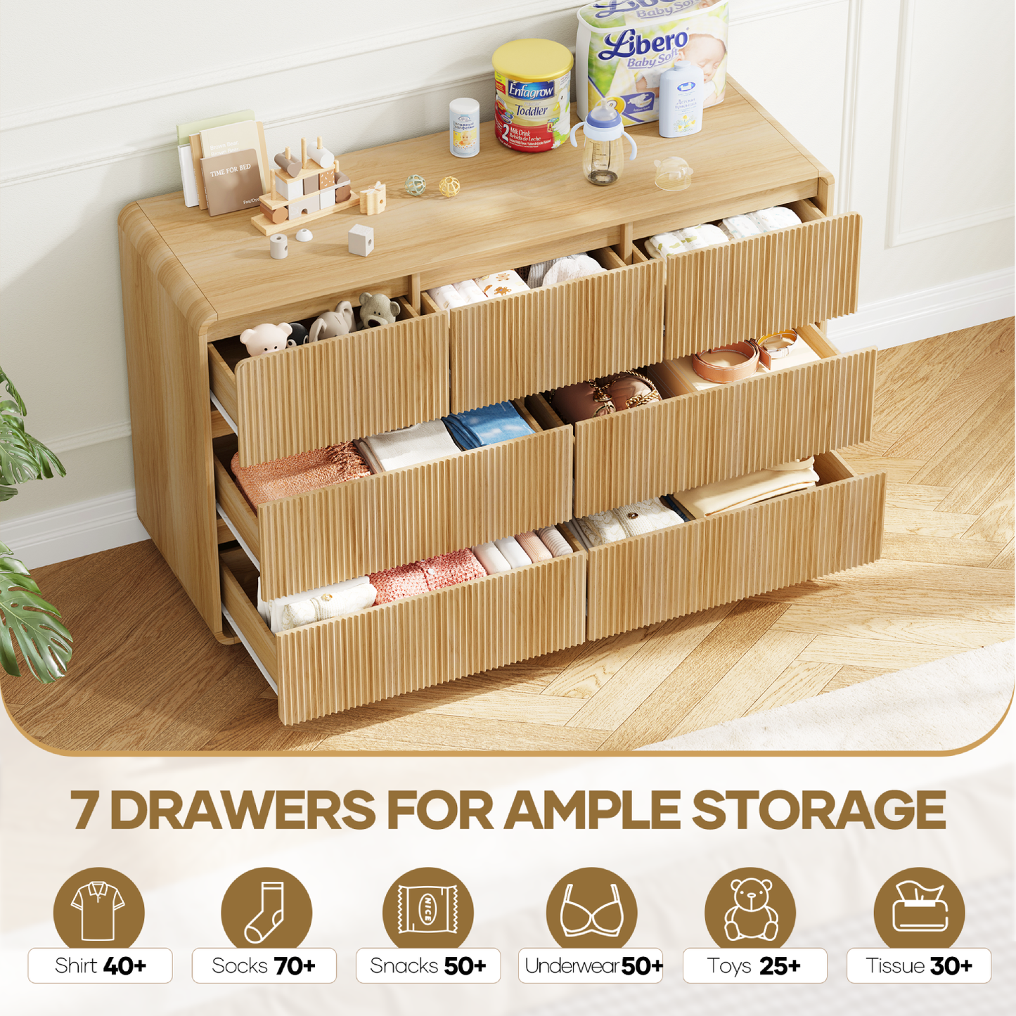 MARNUR 7 Drawer Dresser for Bedroom, Wooden Chest of Drawers for Closet, with Wide Top, Smooth Glides, for Living Room, Hallway, Kids Room, Natural Oak