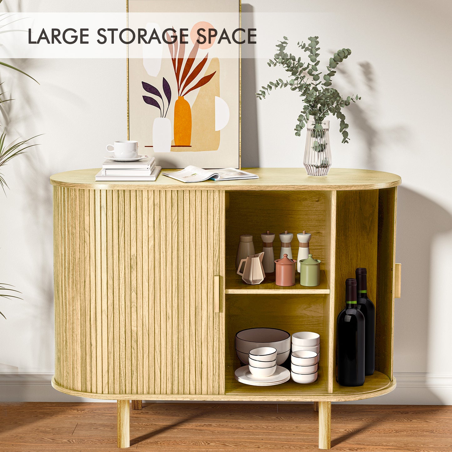 MARNUR Sideboard Buffet Cabinet 40" Storage Cabinet with 2 Sliding Tambour Doors, Adjustable Shelves for Office Bedroom Hallway Entryway, Oak