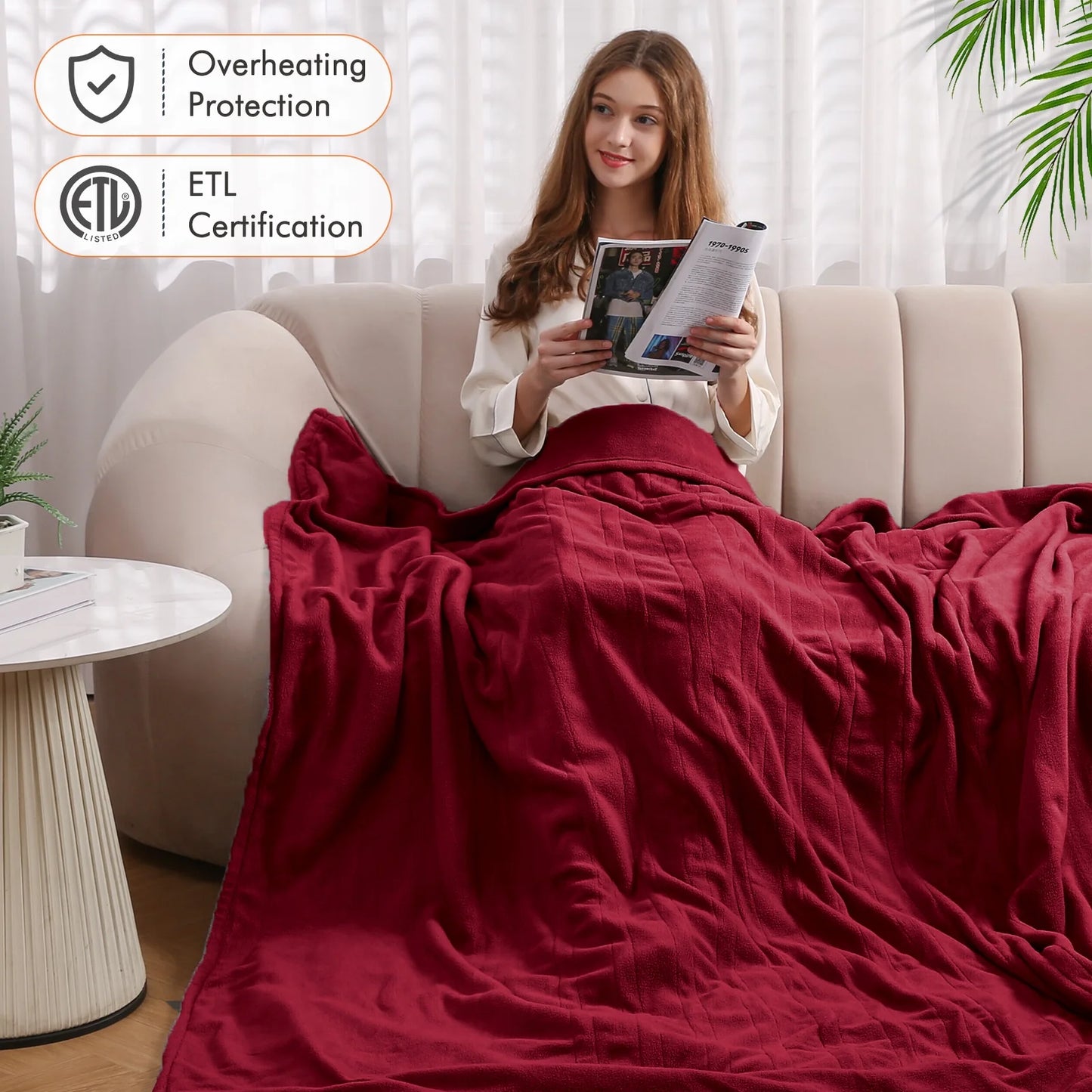 MARNUR Electric Heated Blanket Polar Fleece Full Size 72''x 84'' with 6 Heating Levels 10H Timer Machine Washable - Red